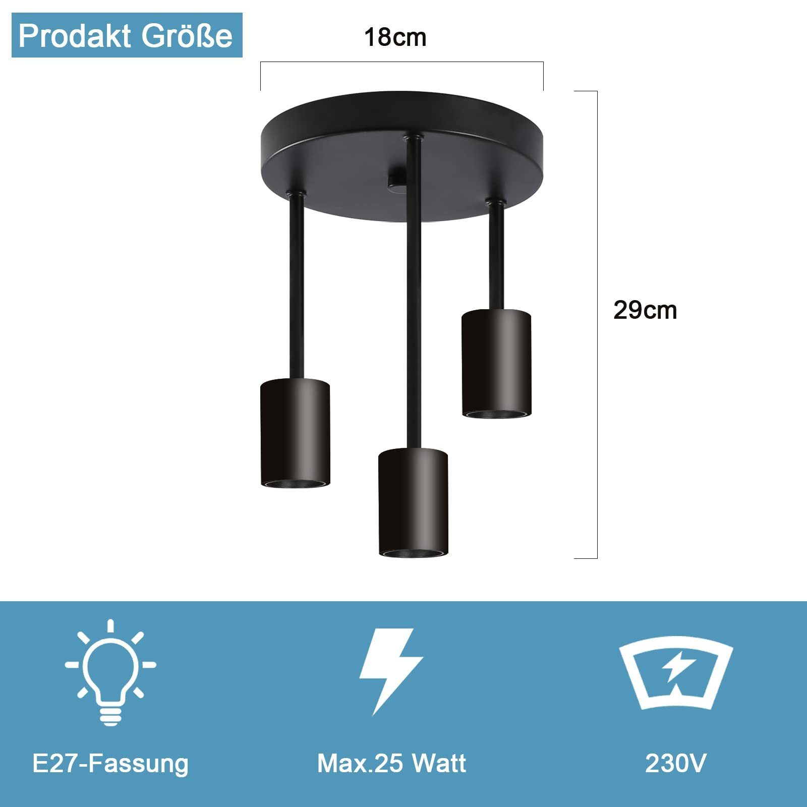Diagramm der Pendelleuchte mit Abmessungen und technischen Details: E27-Fassung, Max. 25 Watt und 230V.