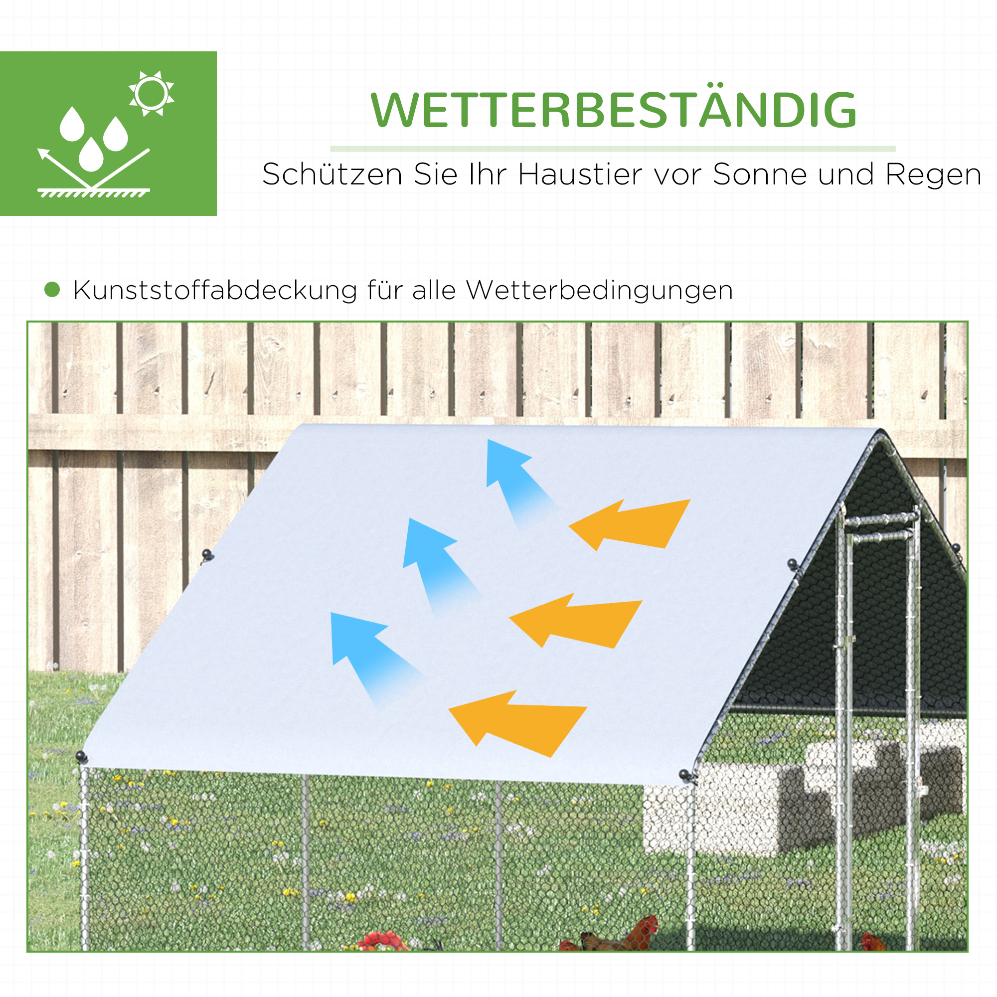 Hundehütte mit weißem Dach, schützt vor Sonne und Regen.