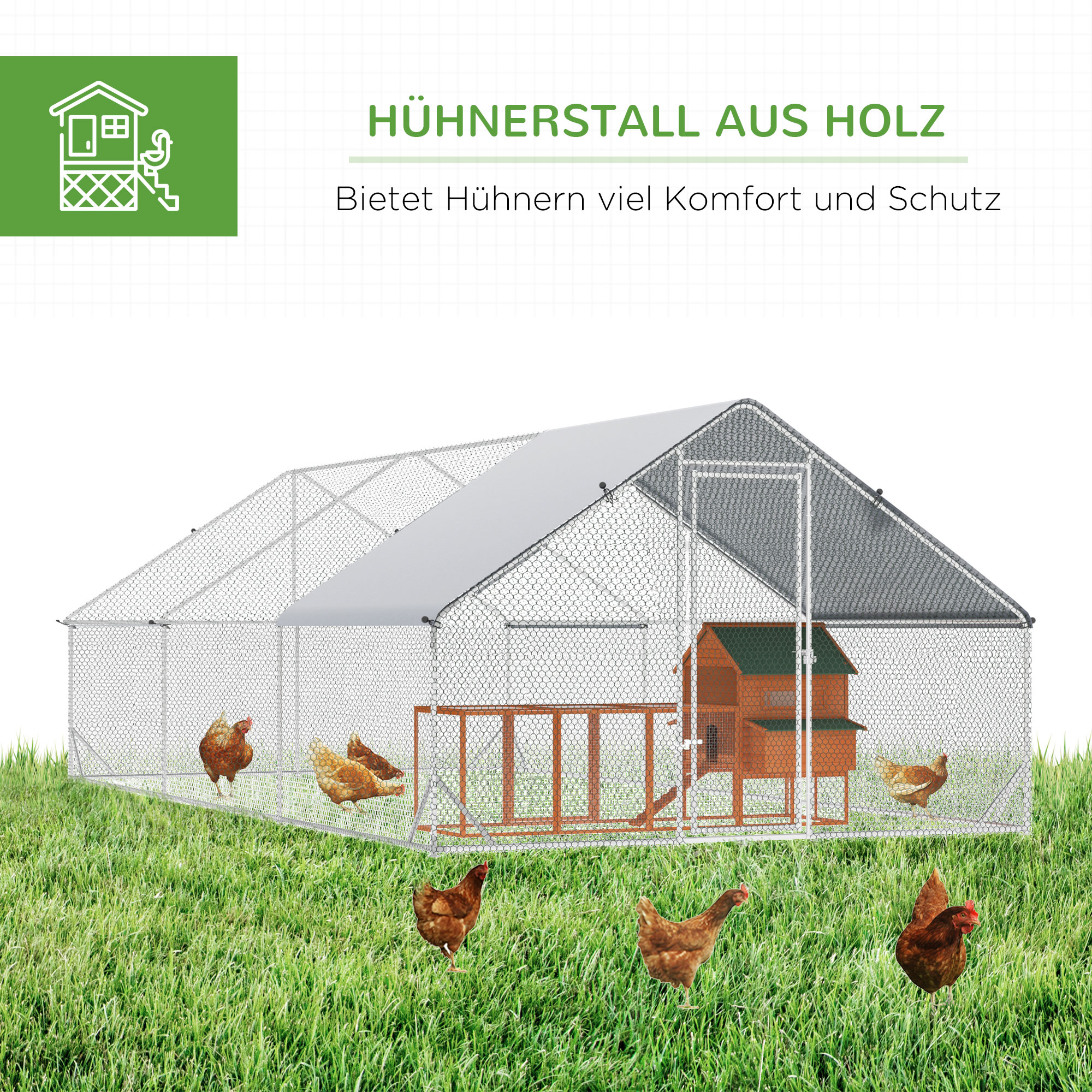 Ein Hühnerstall aus Holz und Drahtgeflecht, mit Hühnern darin. Der Stall steht auf grünem Gras.
