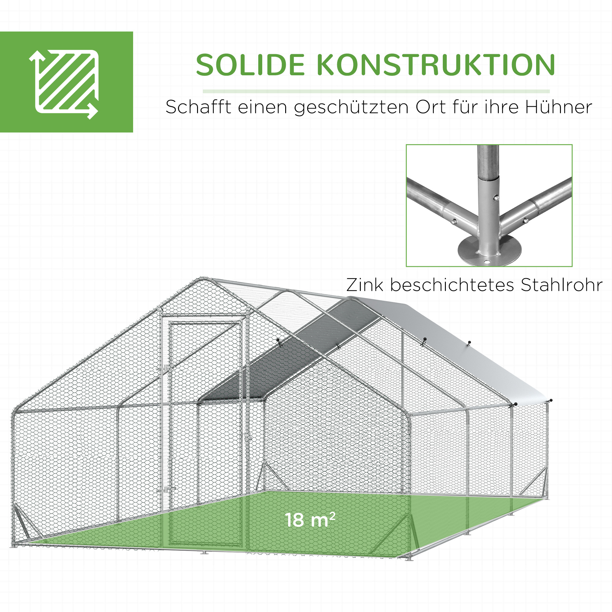 Ein kleiner Hühnerstall, aus Drahtgeflecht und Metallrahmen. Es gibt eine grüne Basis.