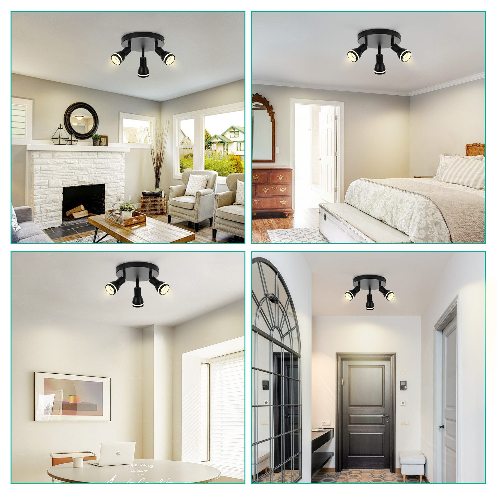 Cuatro imágenes que muestran luces de techo negras con tres focos ajustables en varias habitaciones.