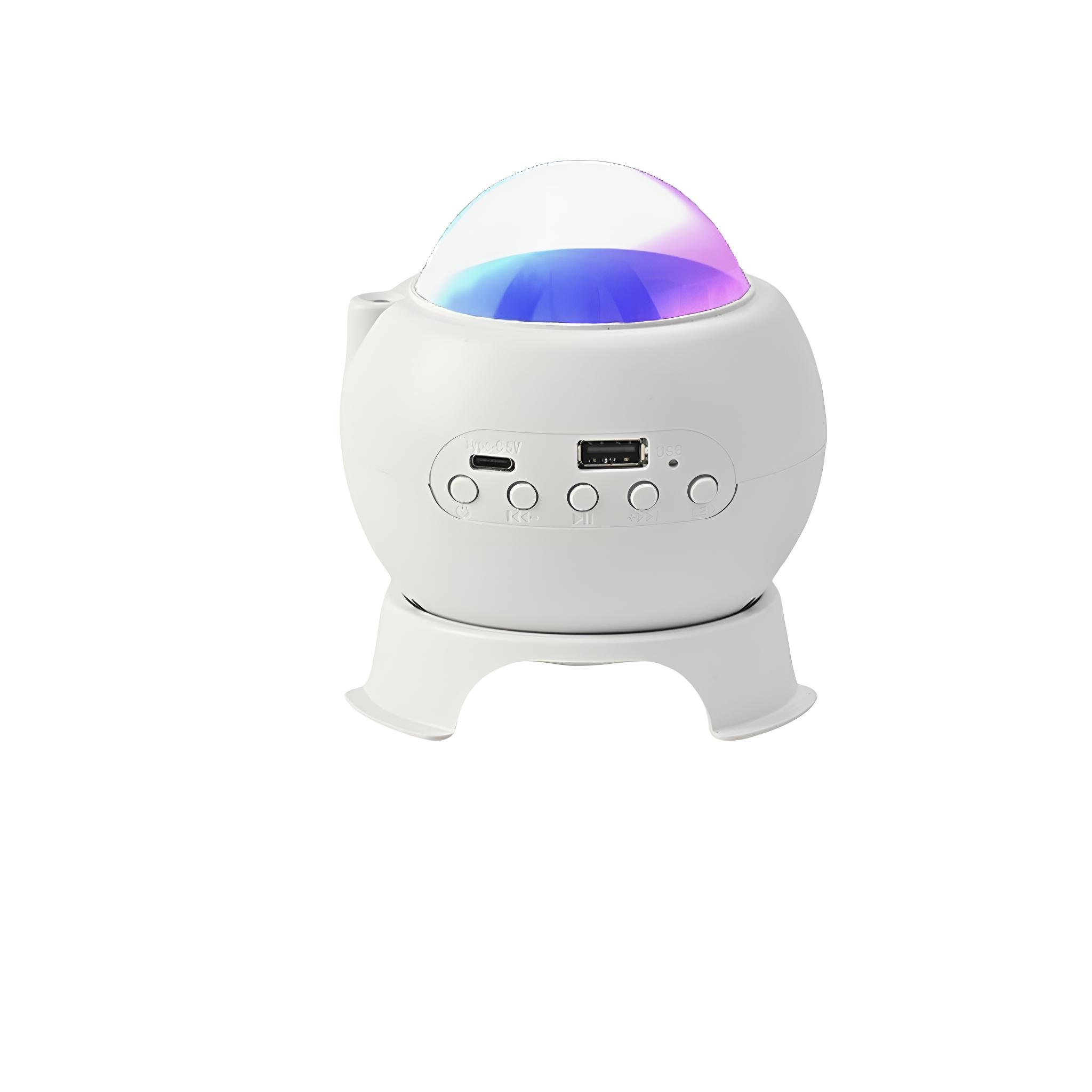 Weißer kugelförmiger Projektor mit farbigem Kuppel-Licht.