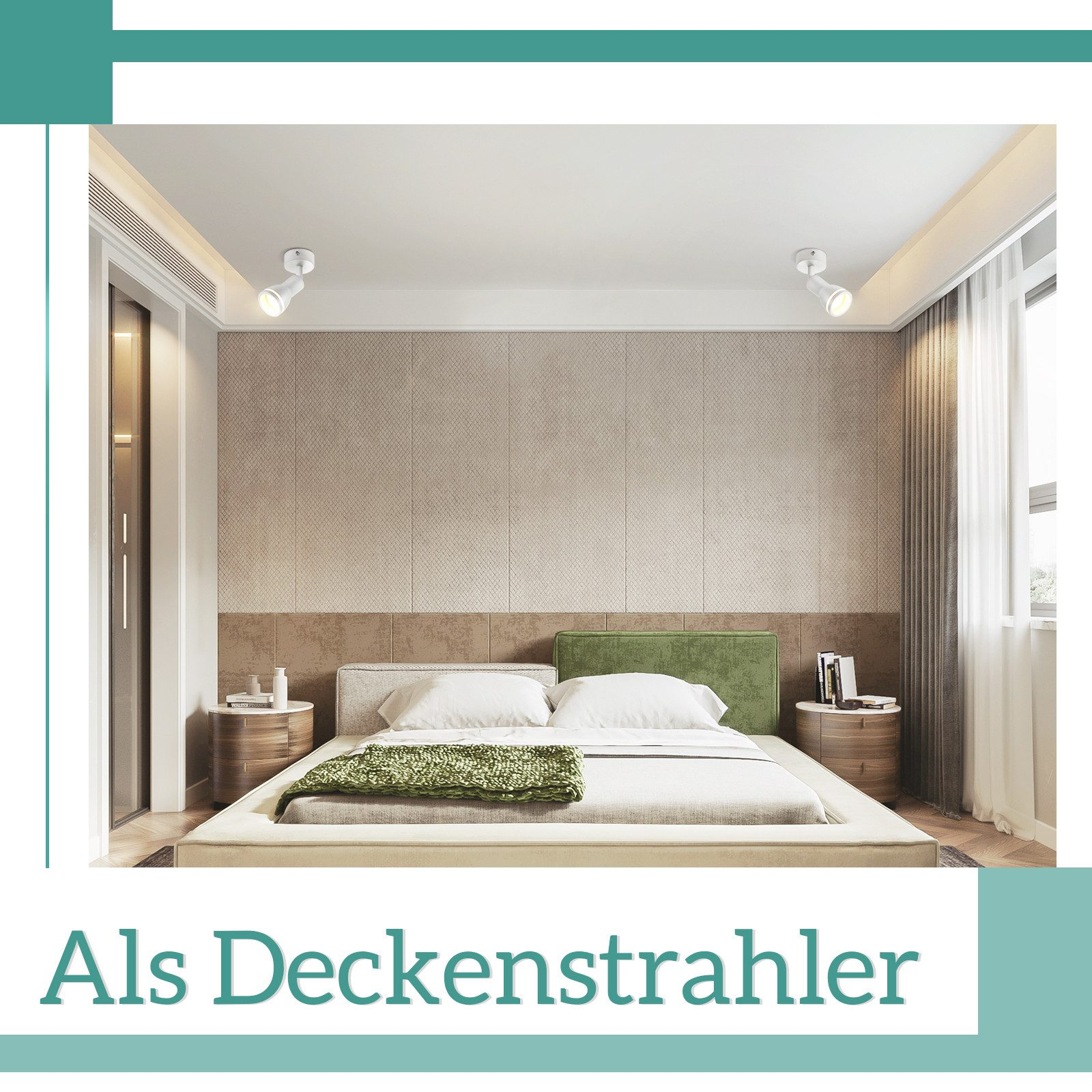 Una camera da letto moderna con faretti bianchi sul soffitto, un letto e comodini.