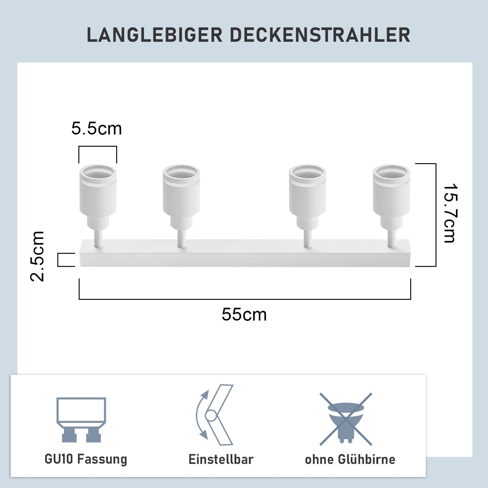 Diagramma di un apparecchio di illuminazione rettangolare bianco con dimensioni.