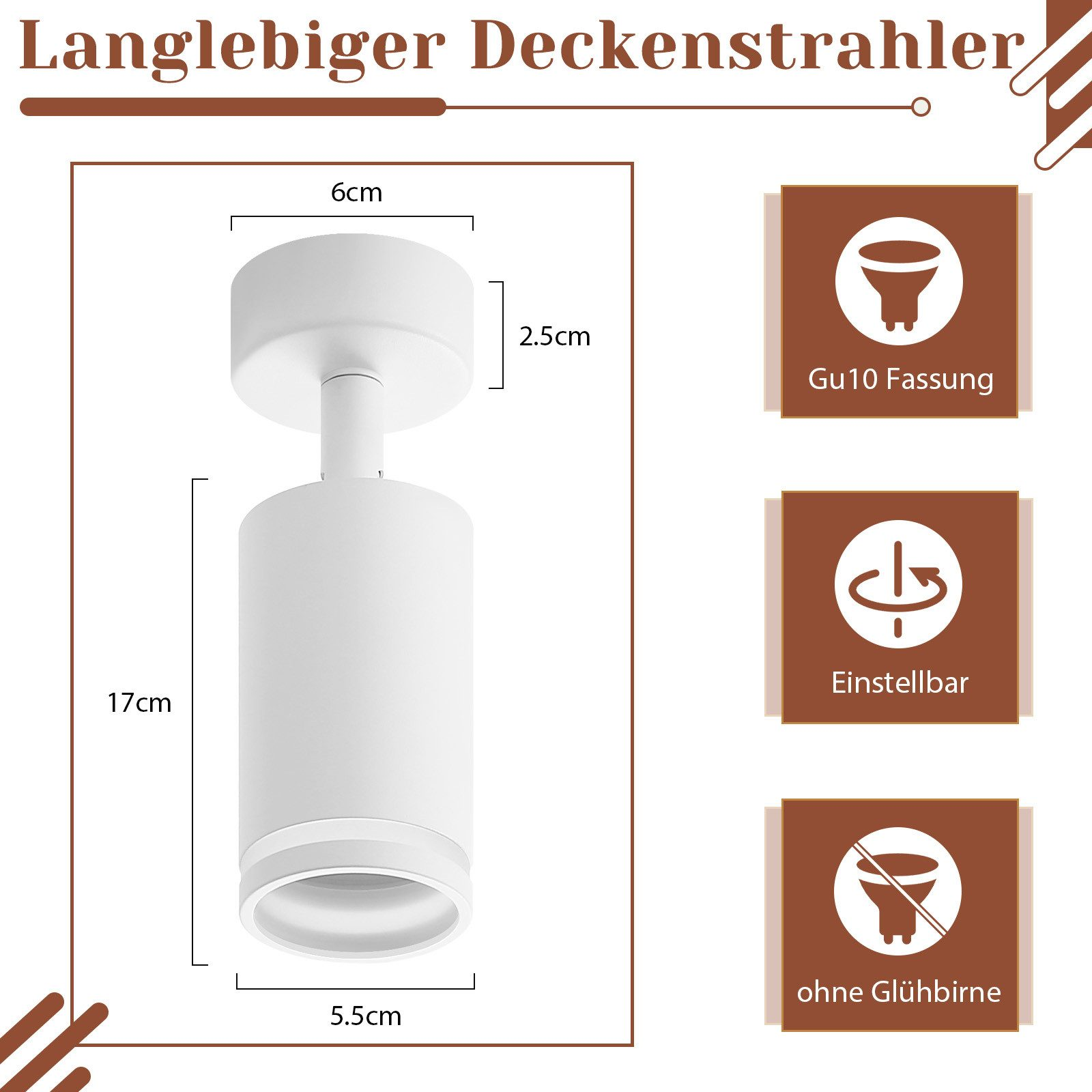 Biały reflektor cylindryczny z wymiarami i ikonami. Zawiera gniazdo Gu10, regulację i ikony bez żarówki.