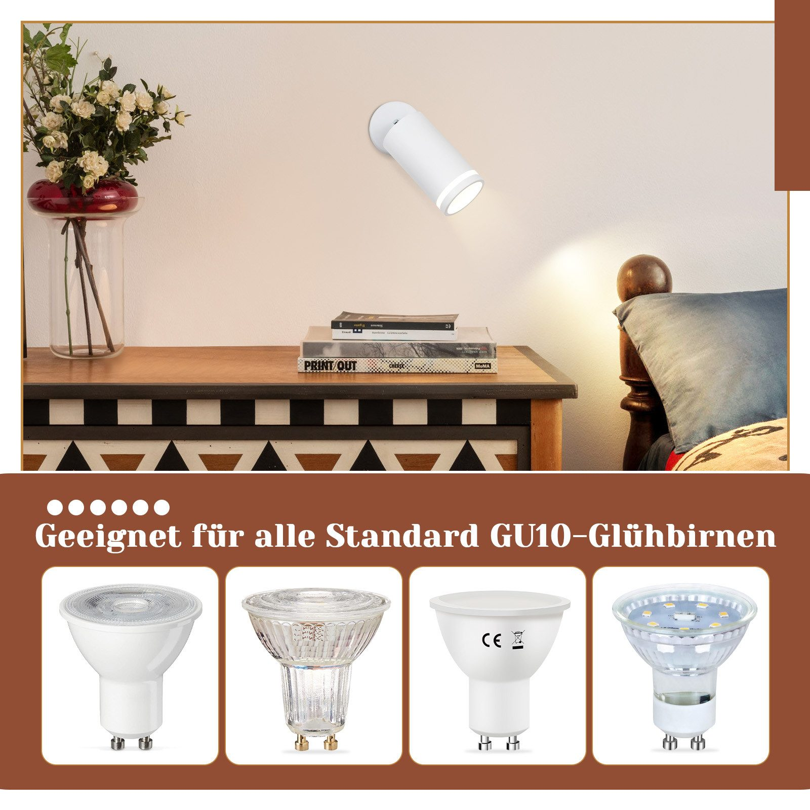 Biały reflektor oświetla powierzchnię. Poniżej wyświetlane są cztery różne żarówki GU10.