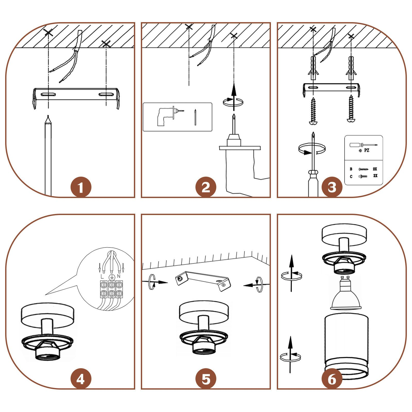 Diagramma a sei fasi per l'installazione di un faretto.