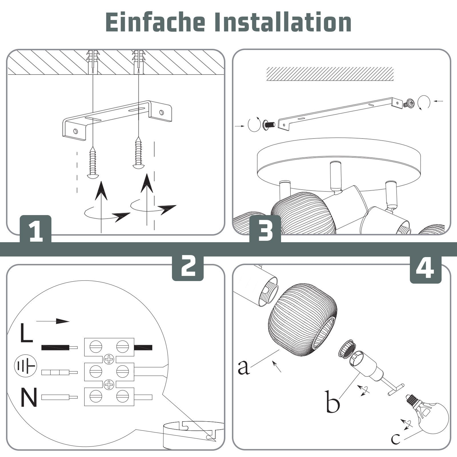 Istruzioni passo-passo per l'installazione di un apparecchio di illuminazione. Include diagrammi e illustrazioni del cablaggio.