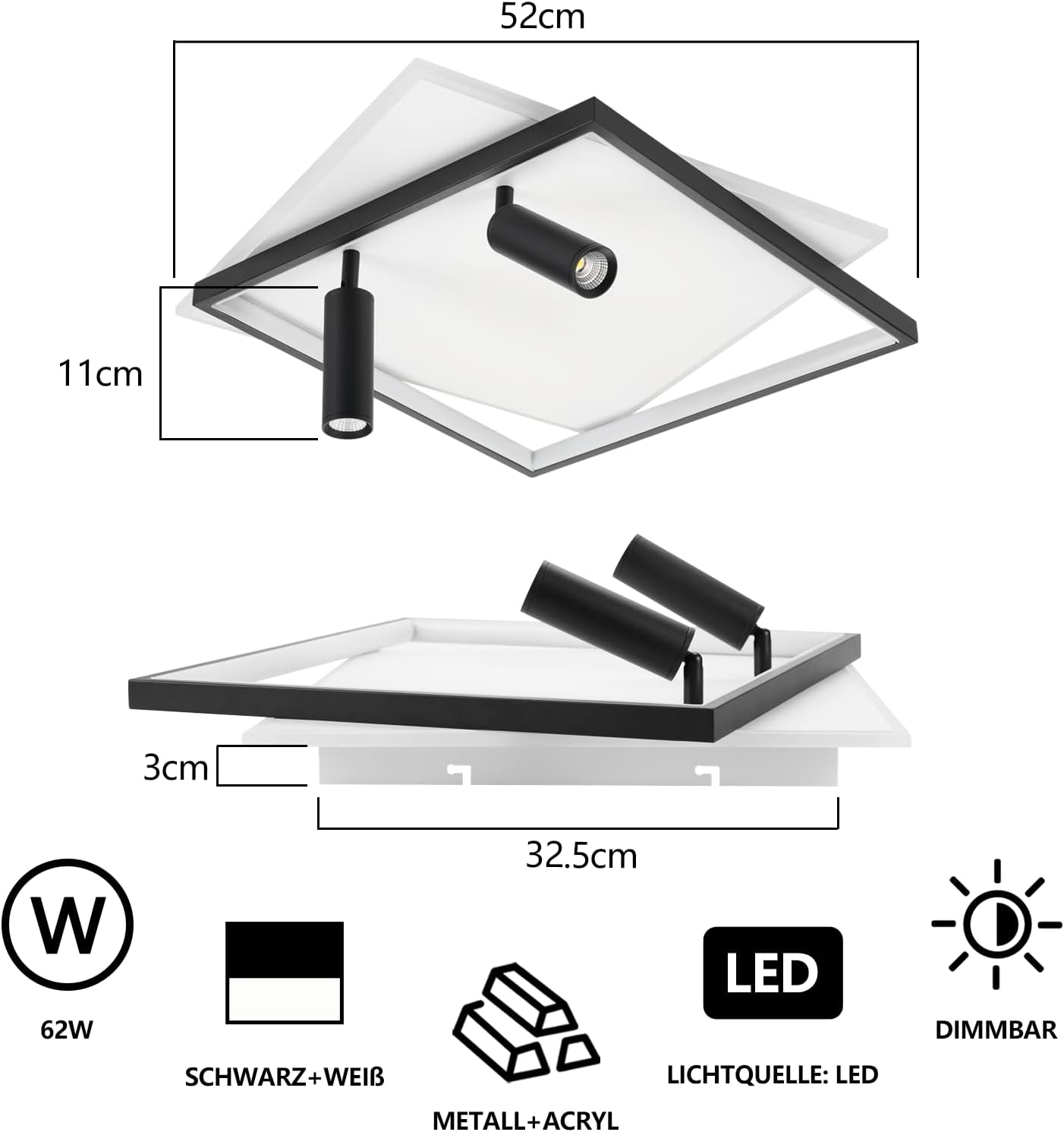 Lampada da soffitto bianca e nera con dimensioni. Include icone di alimentazione, colore, LED e dimmerabile.