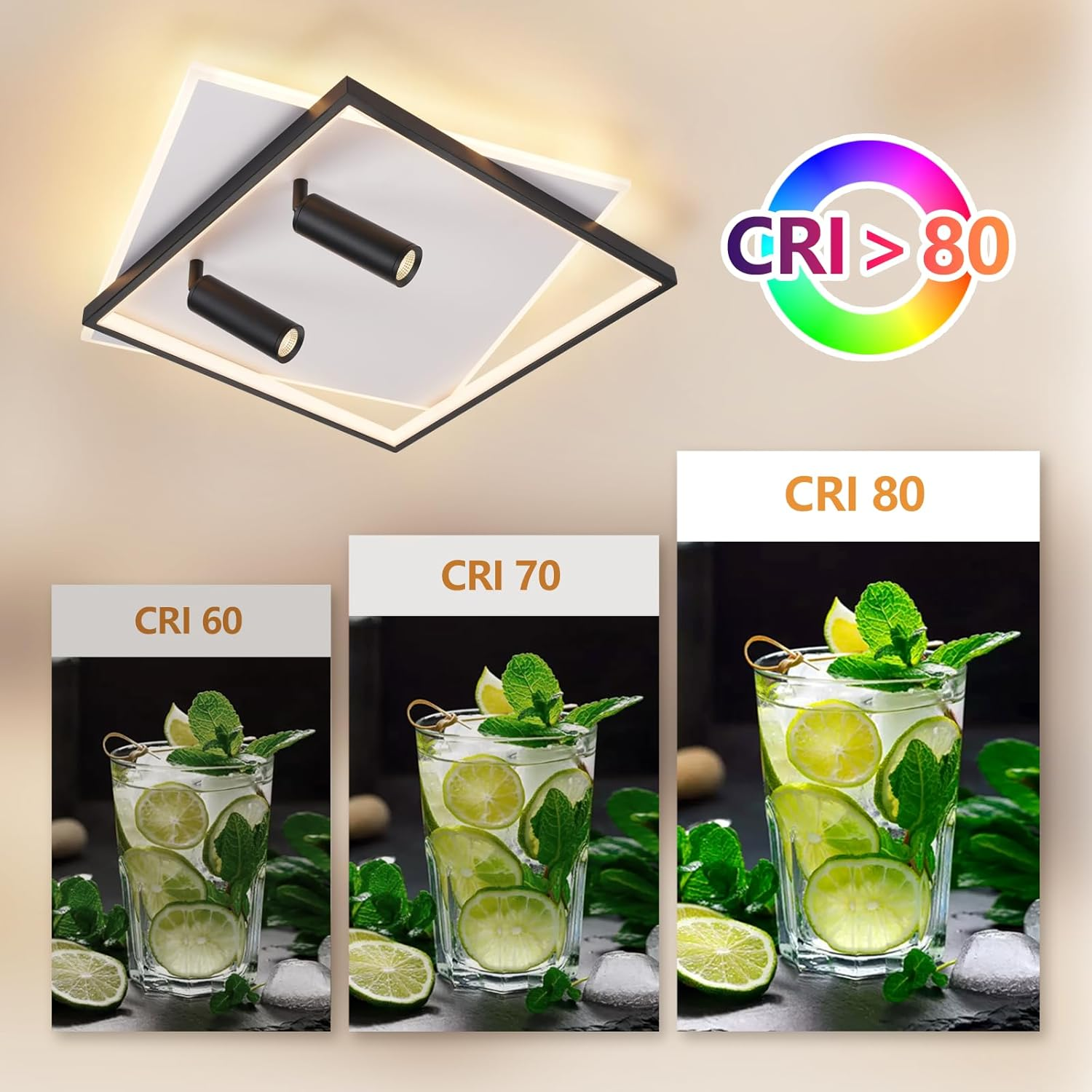 Una plafoniera con focus su CRI (Indice di Resa Cromatica), con immagini di esempio di cocktail.