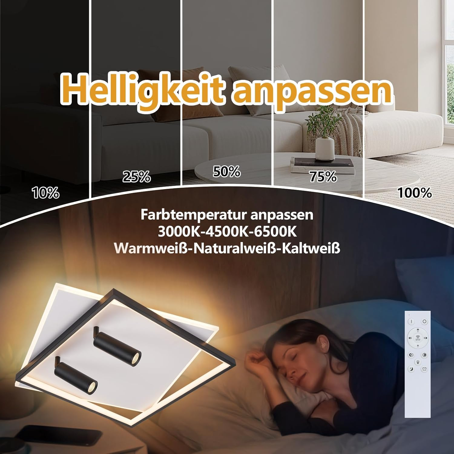 Una persona che dorme sotto una plafoniera con impostazioni di luminosità e temperatura colore regolabili. Un telecomando è visibile.