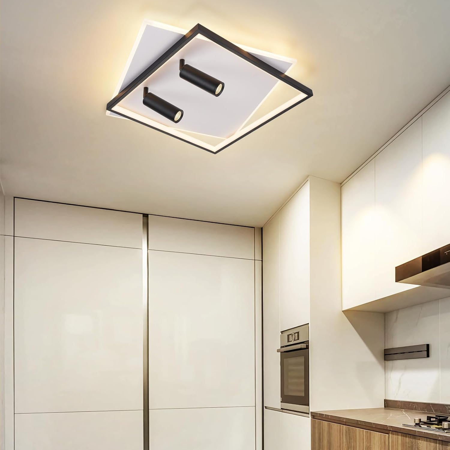 Lampada da soffitto con due faretti. Design bianco e nero.