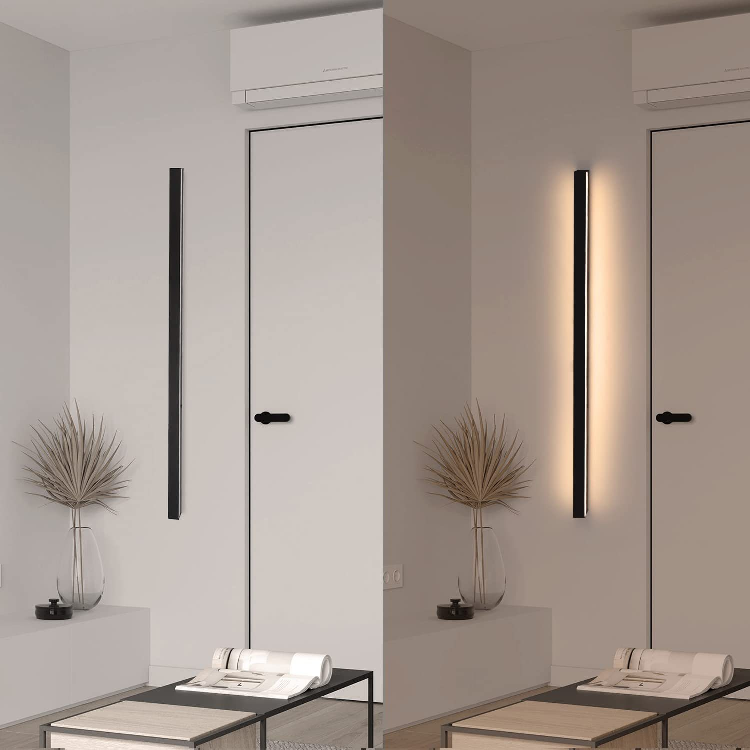 Interni moderni. Lampada verticale nera su muro bianco.