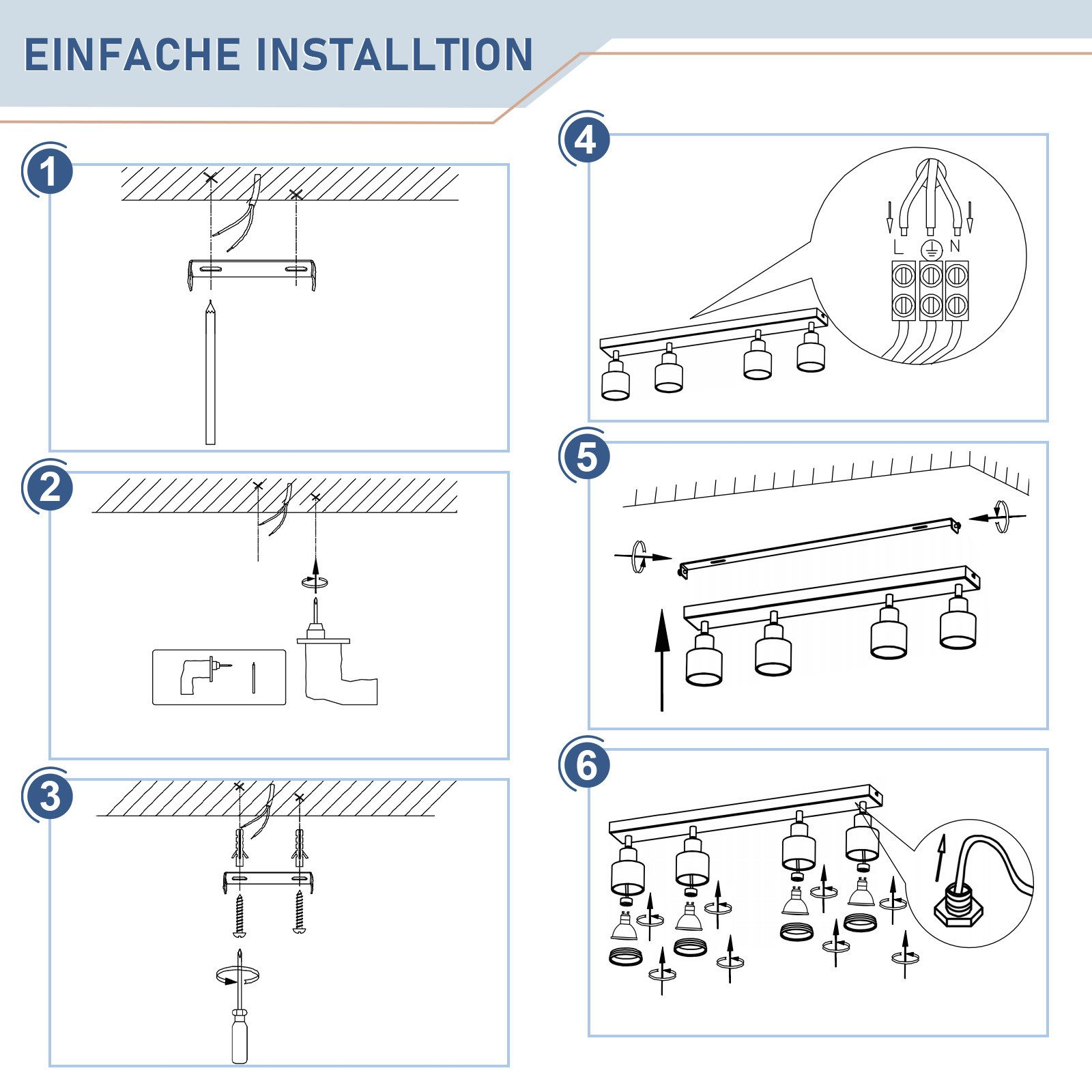 Fasi di installazione di un faretto da soffitto, illustrate in un diagramma.