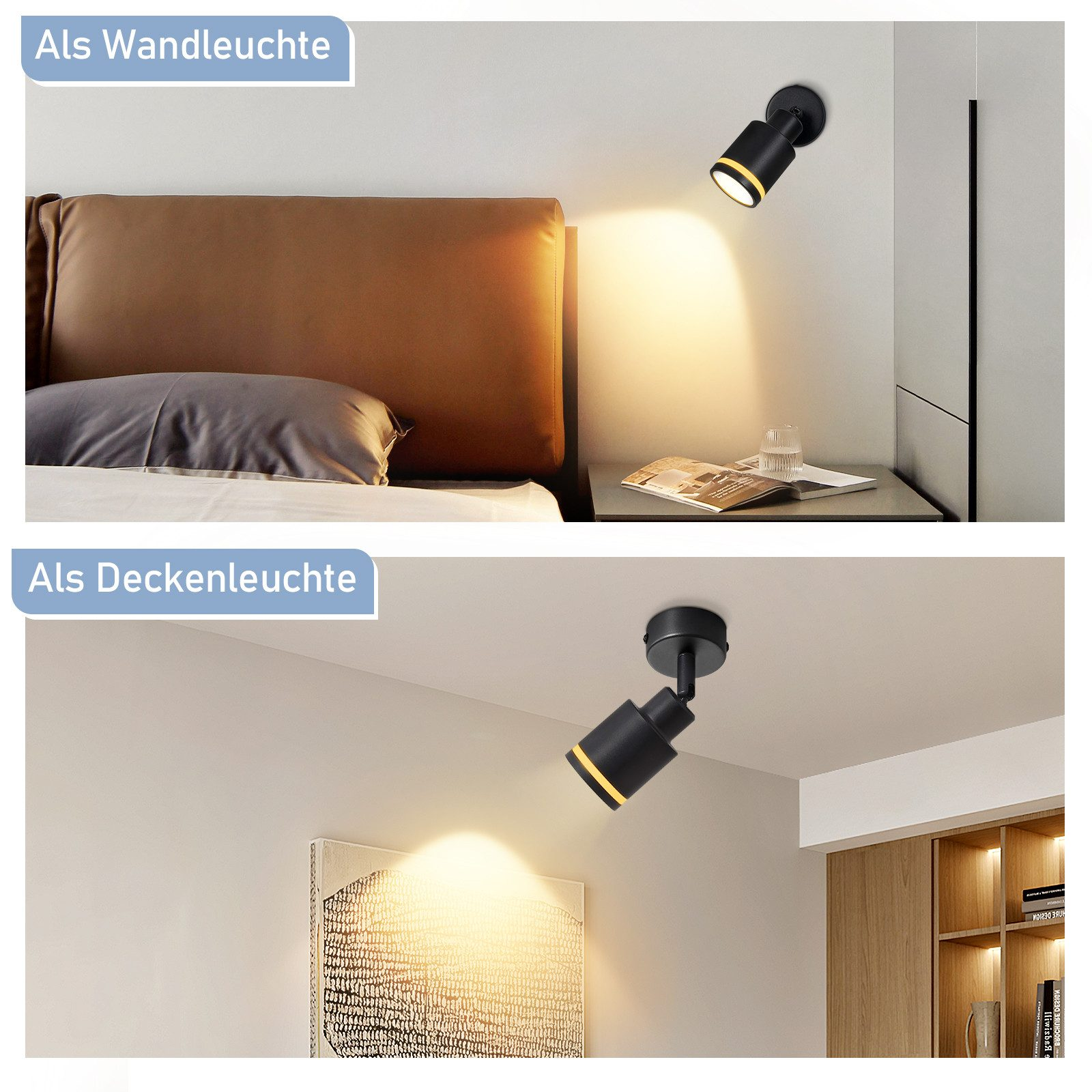 Due immagini mostrano faretti neri: uno su una parete, uno su un soffitto. Entrambi emettono luce calda.