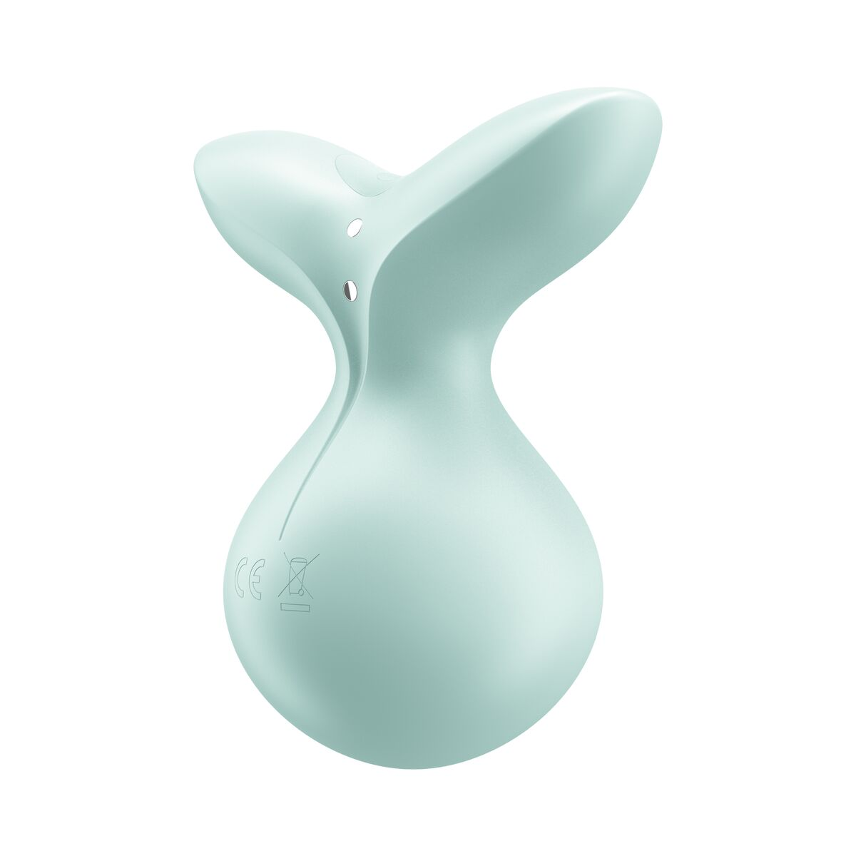 Un juguete sexual en forma de Y, de color turquesa, con superficie lisa. Con marca CE.