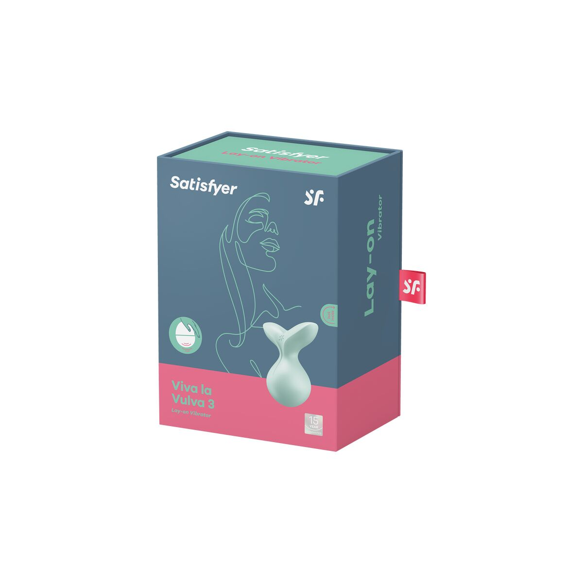 Una caja del vibrador Satisfyer Viva la Vulva 3 Lay-on. La caja es turquesa y blanca.
