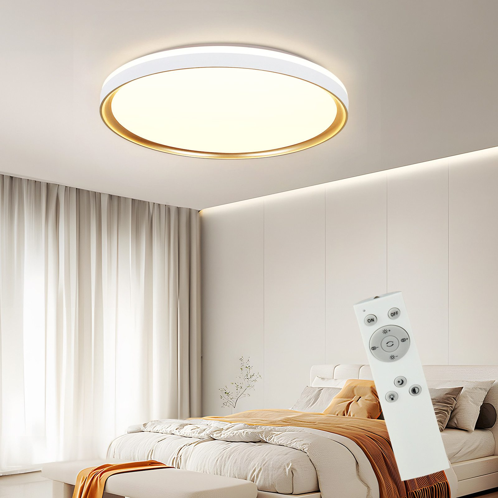 Schlafzimmer mit weißer Deckenleuchte und Fernbedienung. Das Bett hat Kissen und eine Decke. Weiße Wände.