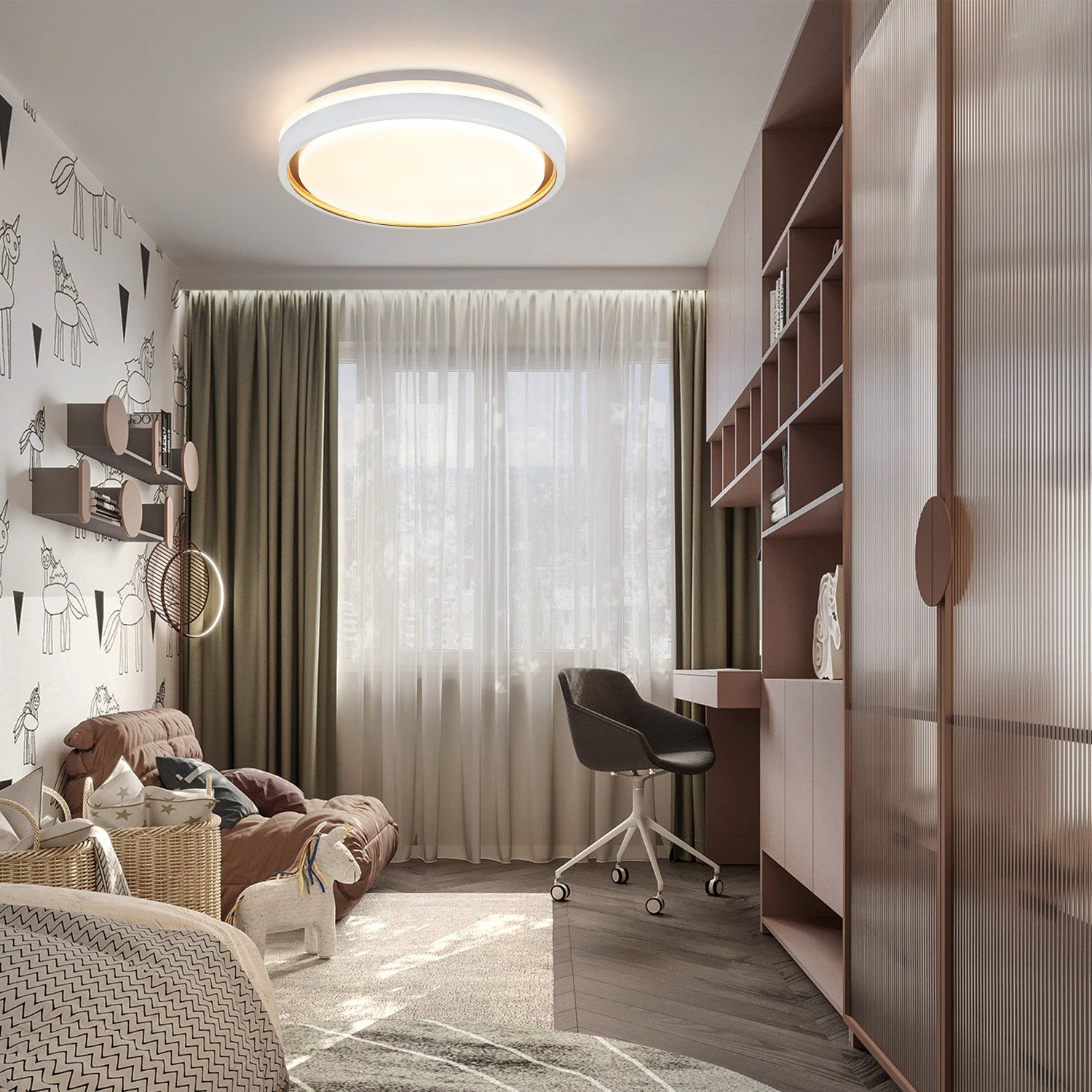 Schlafzimmer-Interieur mit Bett, Schreibtisch und Deckenleuchte.