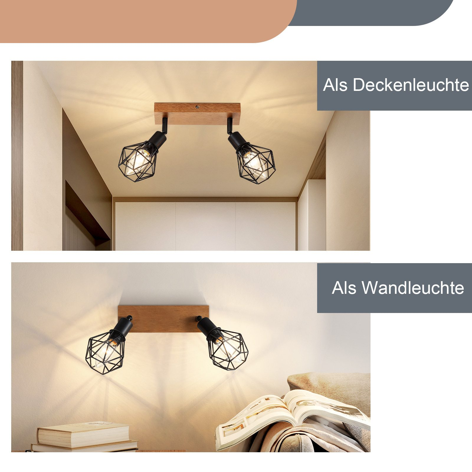 Dos imágenes de luces de madera con lámparas de jaula de metal, una en el techo y otra en la pared.