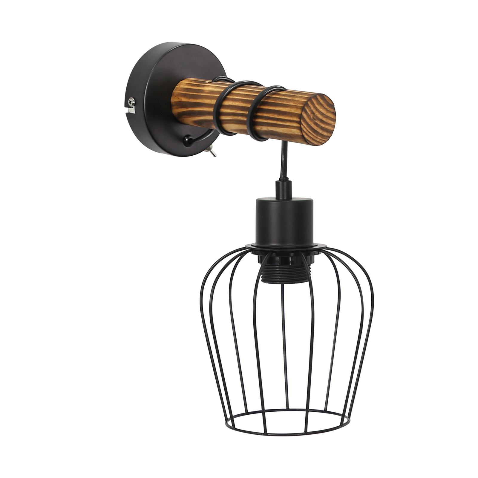 Lampada da parete nera e marrone con paralume a gabbia.