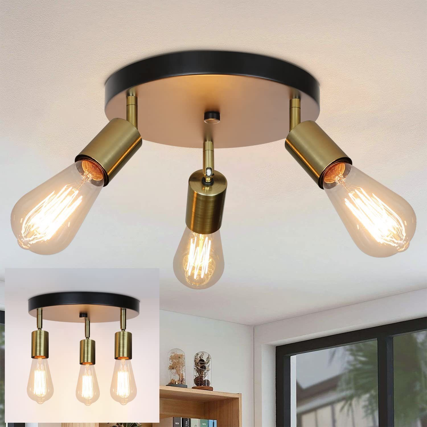 Lampada da soffitto con tre lampadine a vista. Finitura in ottone, base nera.