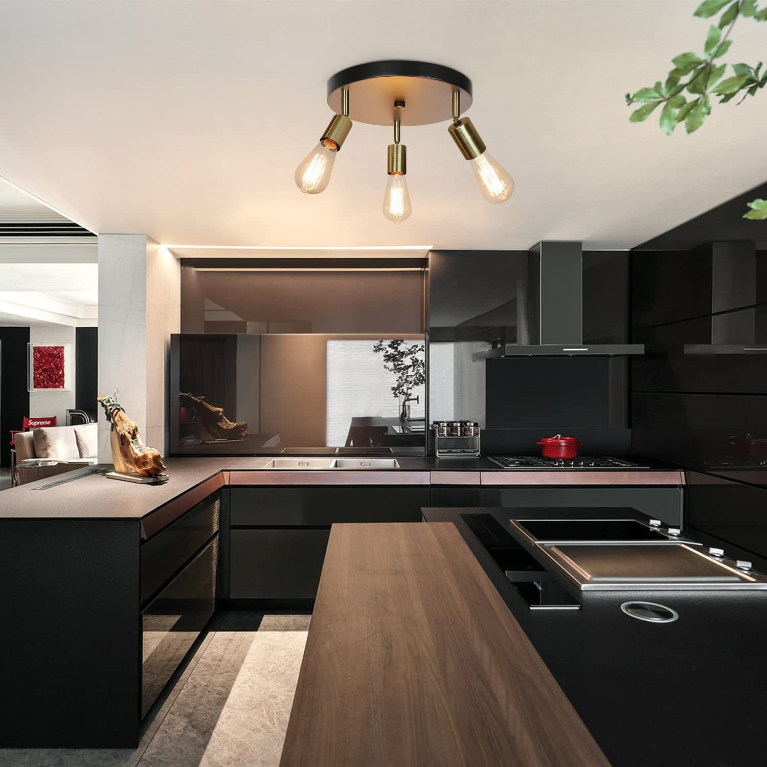 Cucina con un lampadario a tre lampadine. Sono visibili armadi neri, un frigorifero in acciaio inossidabile e un piano di lavoro.