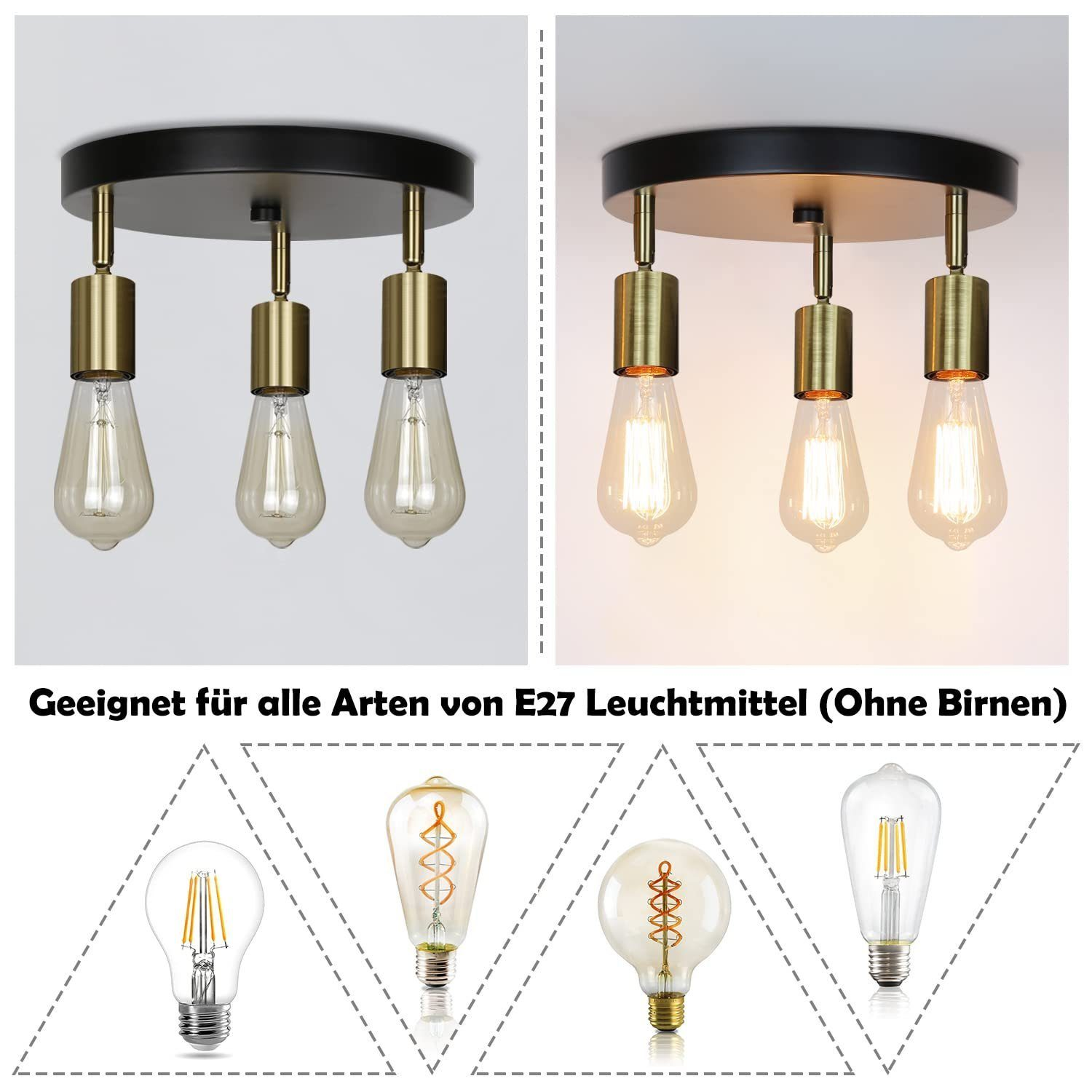 L'immagine mostra un lampadario con lampadine. Mostra anche diversi tipi di lampadine e testo in tedesco.