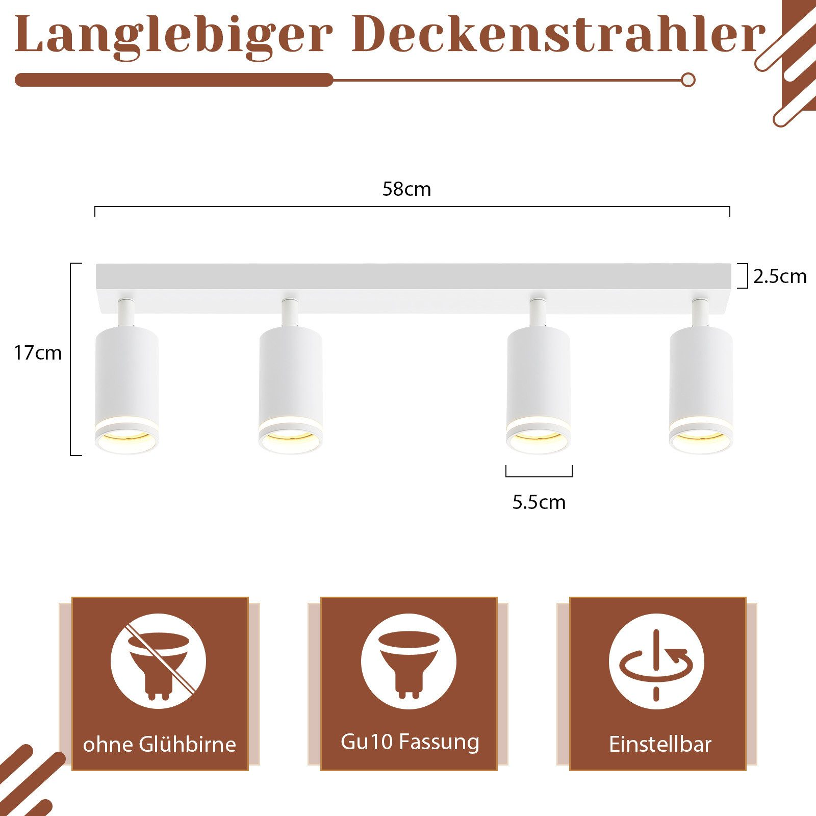 Apparecchio di illuminazione rettangolare bianco e metallico con quattro luci. Viene mostrato un diagramma con dimensioni e icone.