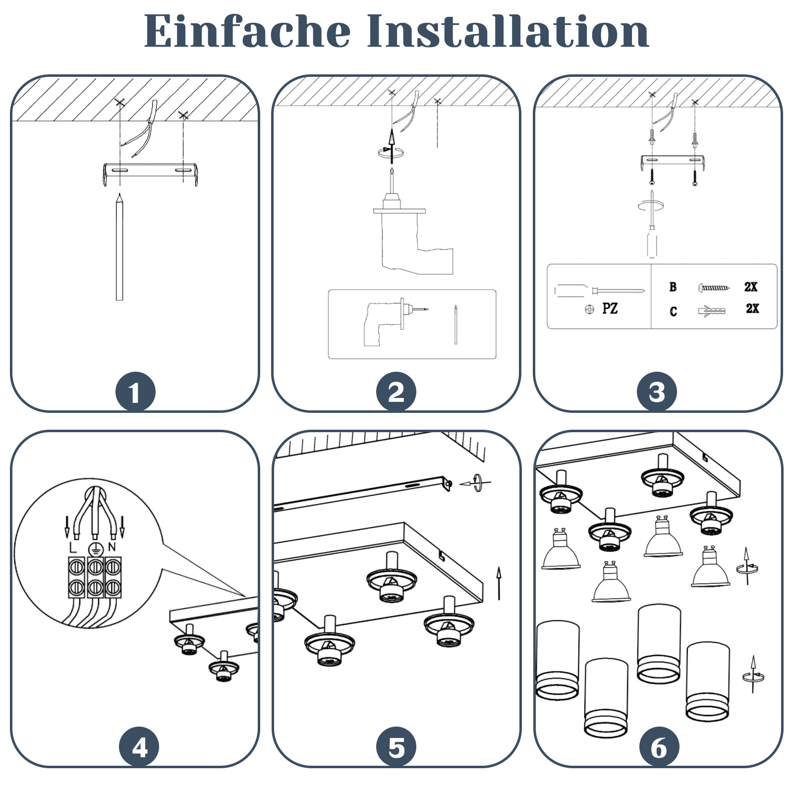 Un diagramma con 6 passaggi che mostra come installare un lampadario. Il testo 'Einfache Installation'.