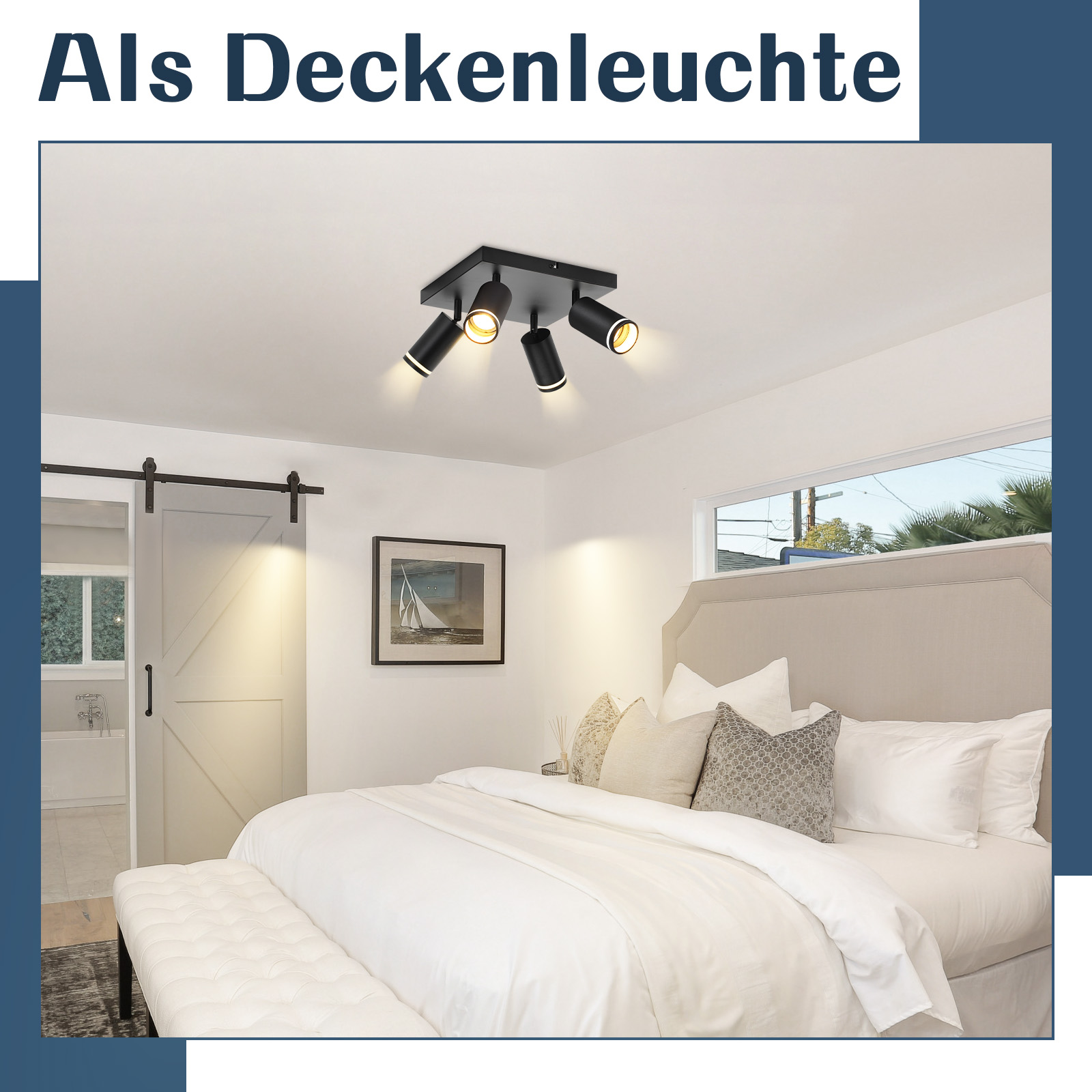 Camera da letto con letto bianco, luci nere sul soffitto e una finestra.