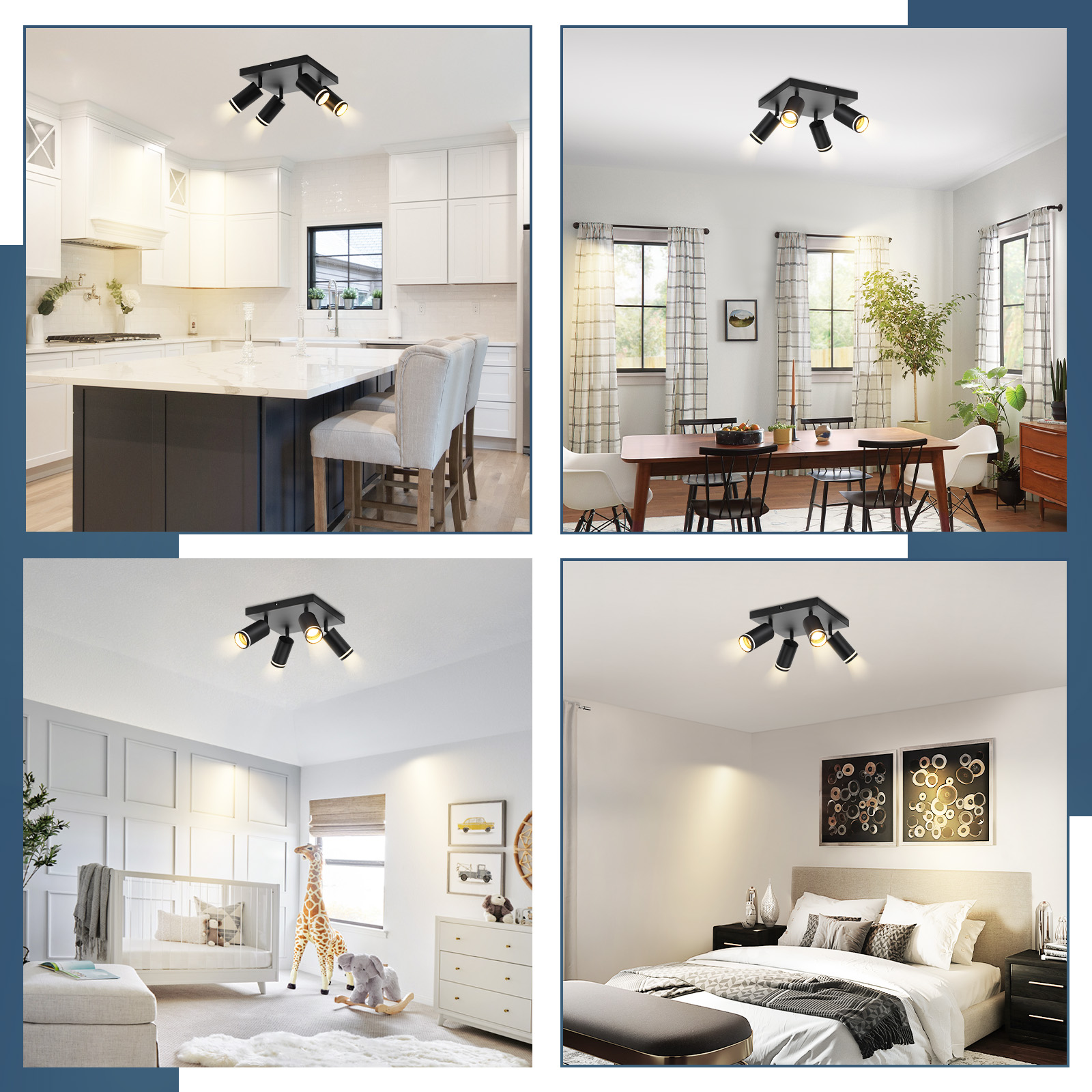 Quattro immagini di una lampada da soffitto nera in stanze diverse. Luci puntate in direzioni diverse.