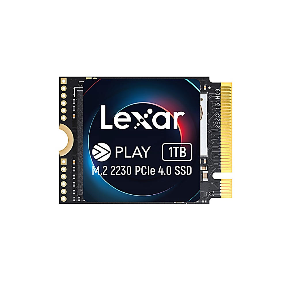 Czarny dysk SSD Lexar Play. Logo Lexar, niebieskie i białe. Białe tło.