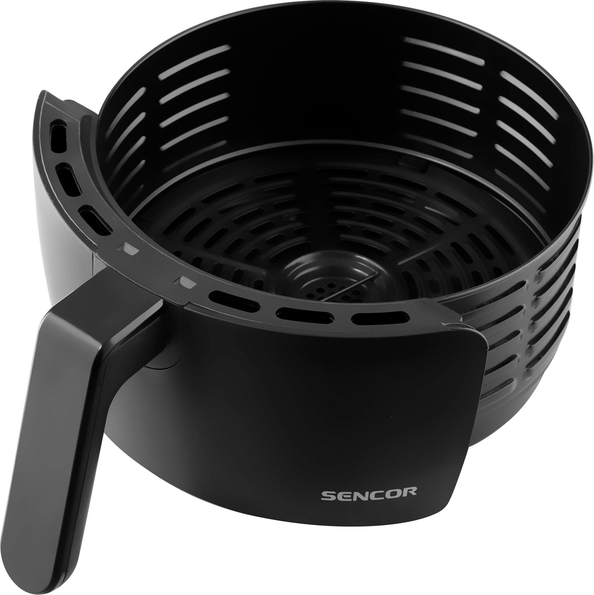 Cestello friggitrice nero con manico e base del cestello visibile.