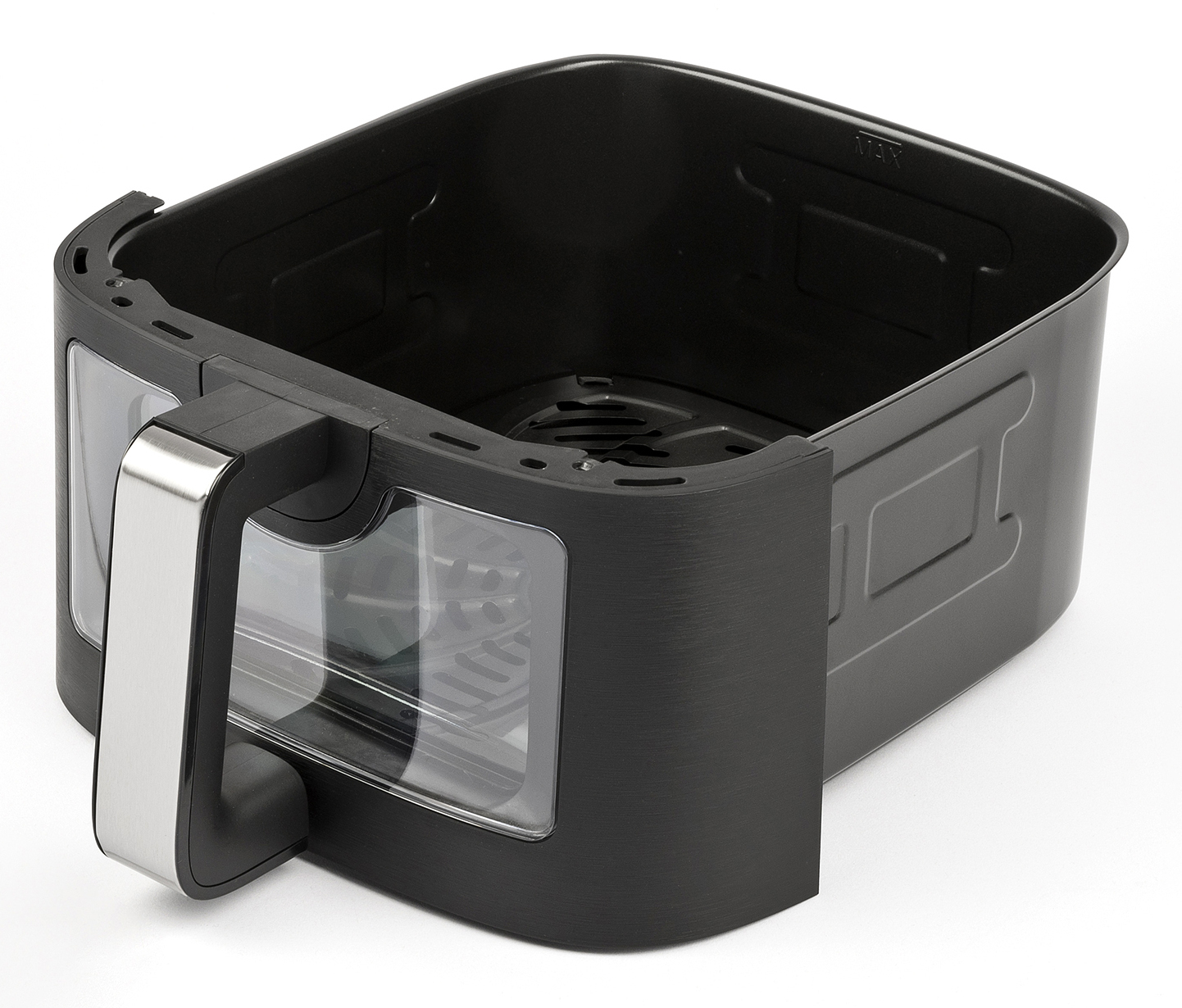Czarny kosz frytkownicy z przezroczystym oknem i srebrnym uchwytem.