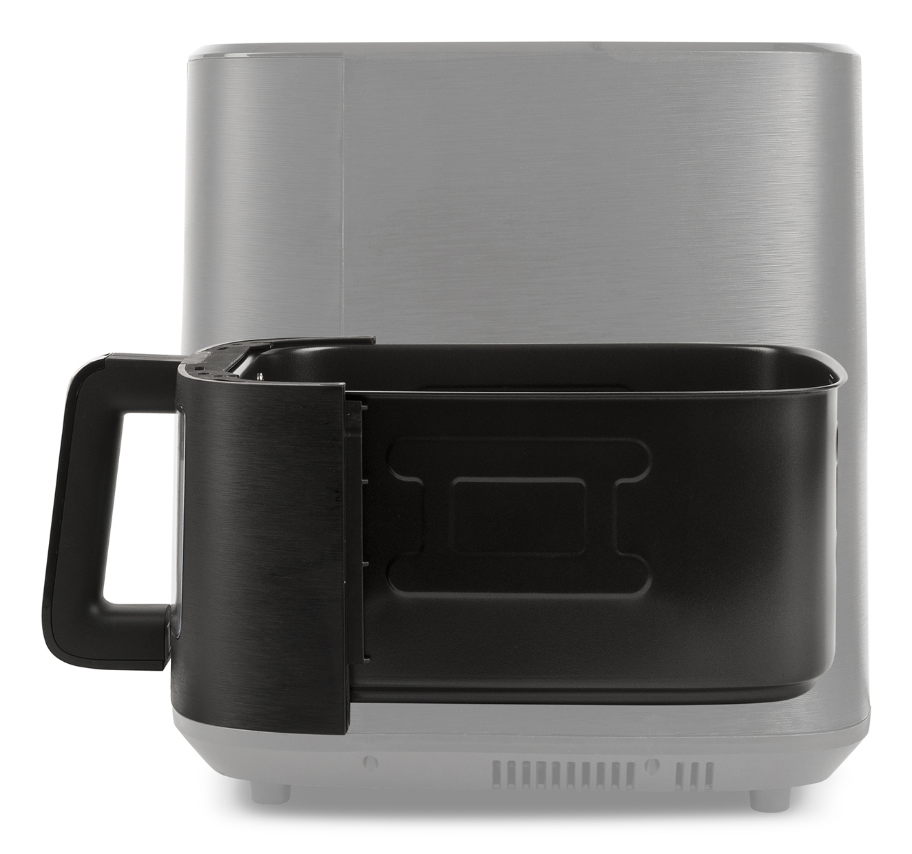 Kosz frytkownicy, czarny, przed rozmytym szarym urządzeniem.