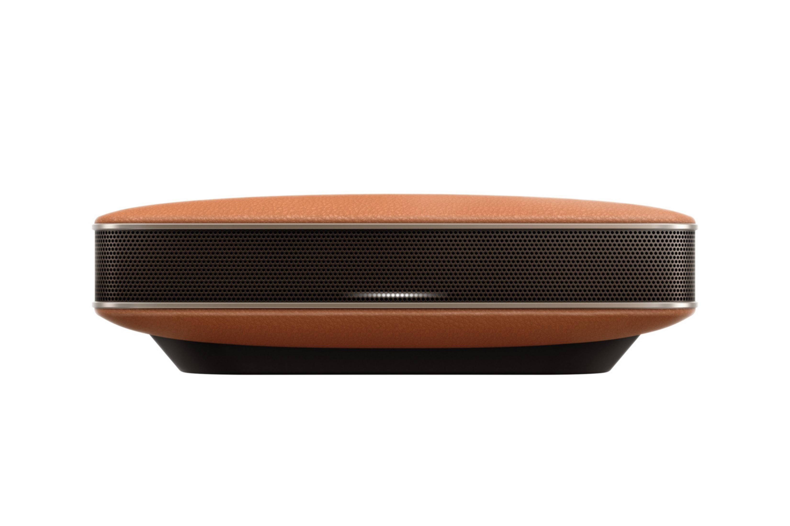 Altavoz Pioneer de cuero marrón, vista lateral.