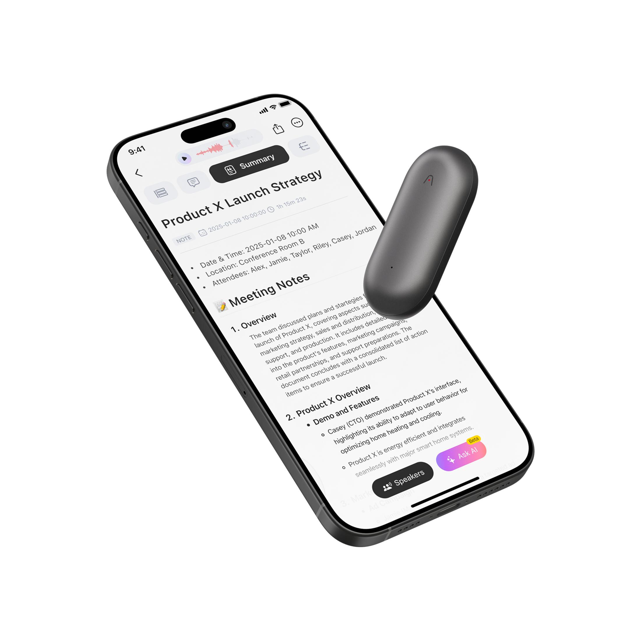 Smartphone mostrando notas, con accesorio tecnológico gris oscuro.