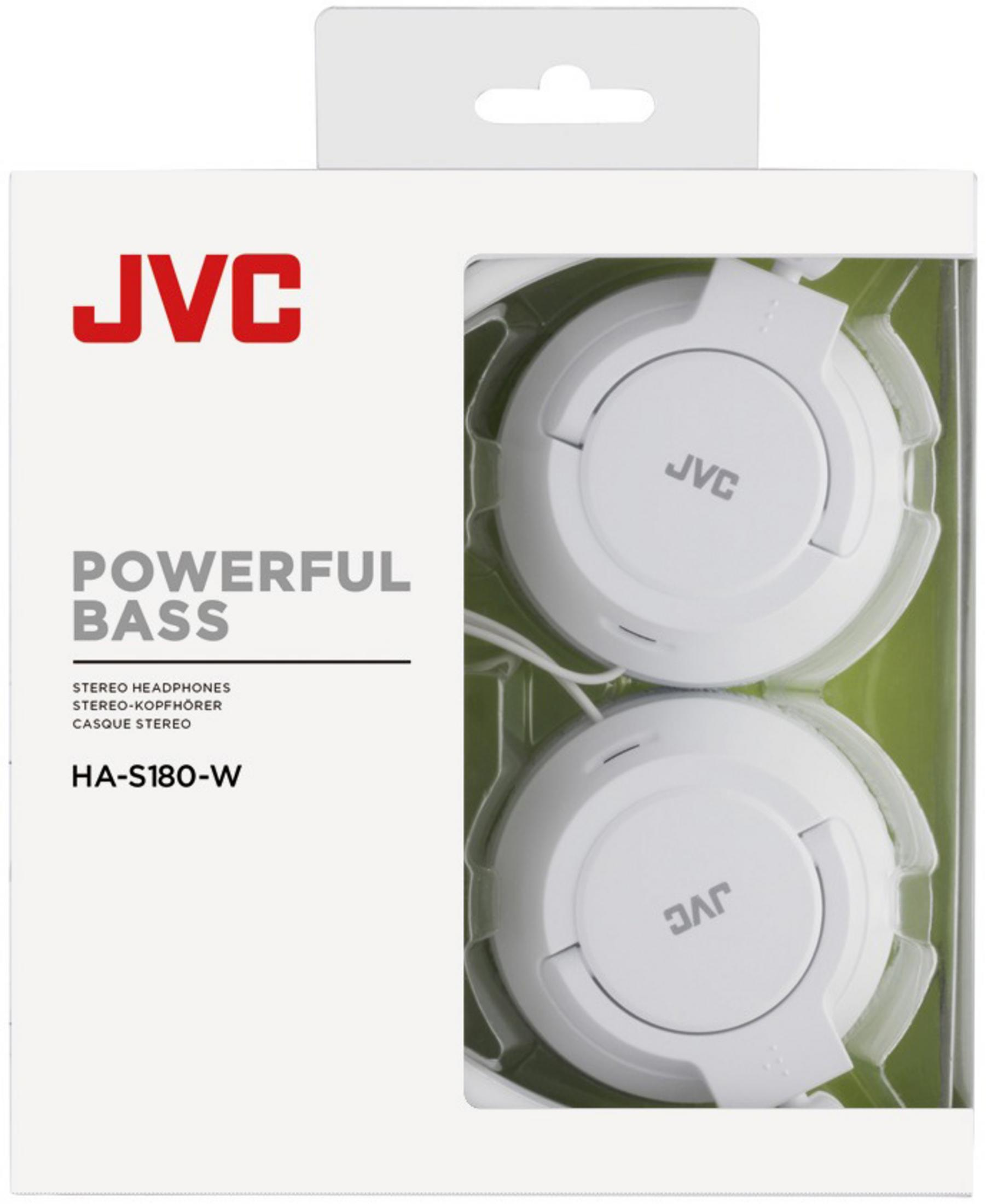 Pudełko białych słuchawek JVC Powerful Bass.