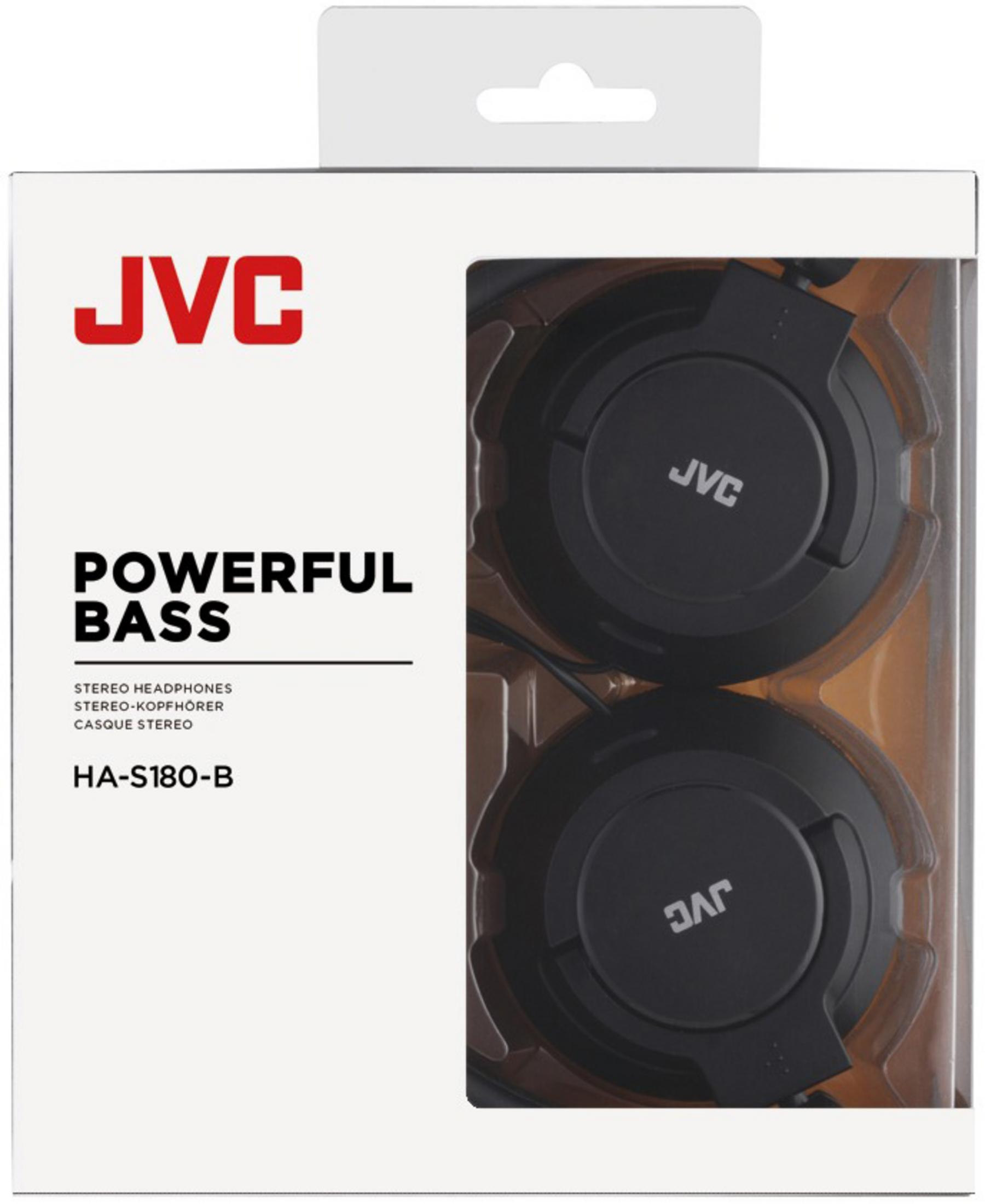 Czarne słuchawki JVC w pudełku. Tekst brzmi 'Powerful Bass'. Słuchawki są w stylu nausznym.