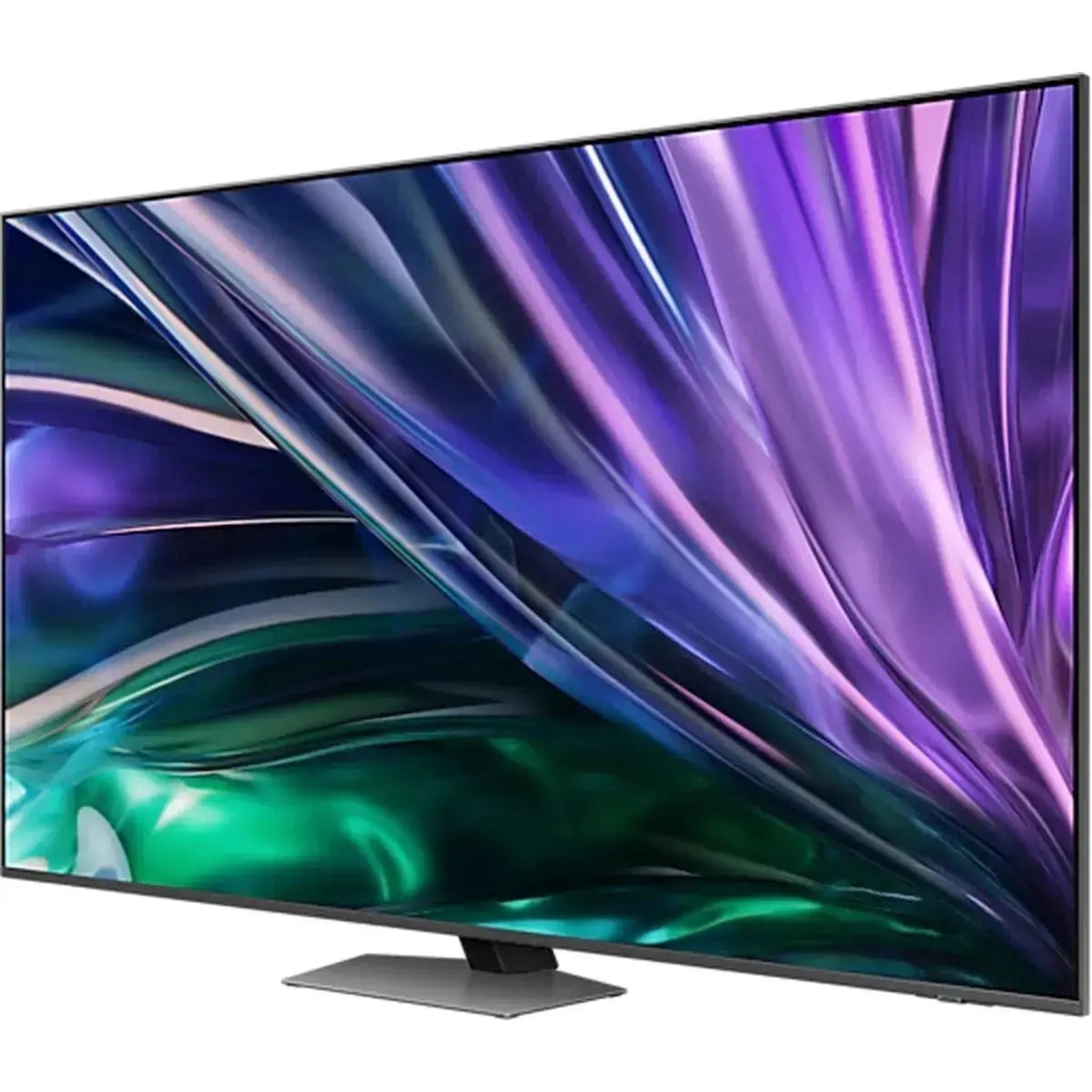 Schwarzer Samsung Neo QLED TV mit abstraktem, farbenfrohem Muster, schräge Ansicht.