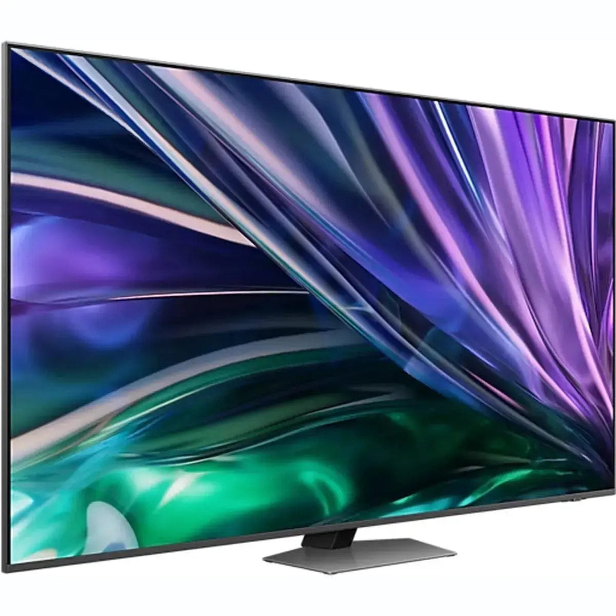 Schwarzer Samsung Neo QLED TV mit farbenfroher abstrakter Anzeige, schräge Ansicht.