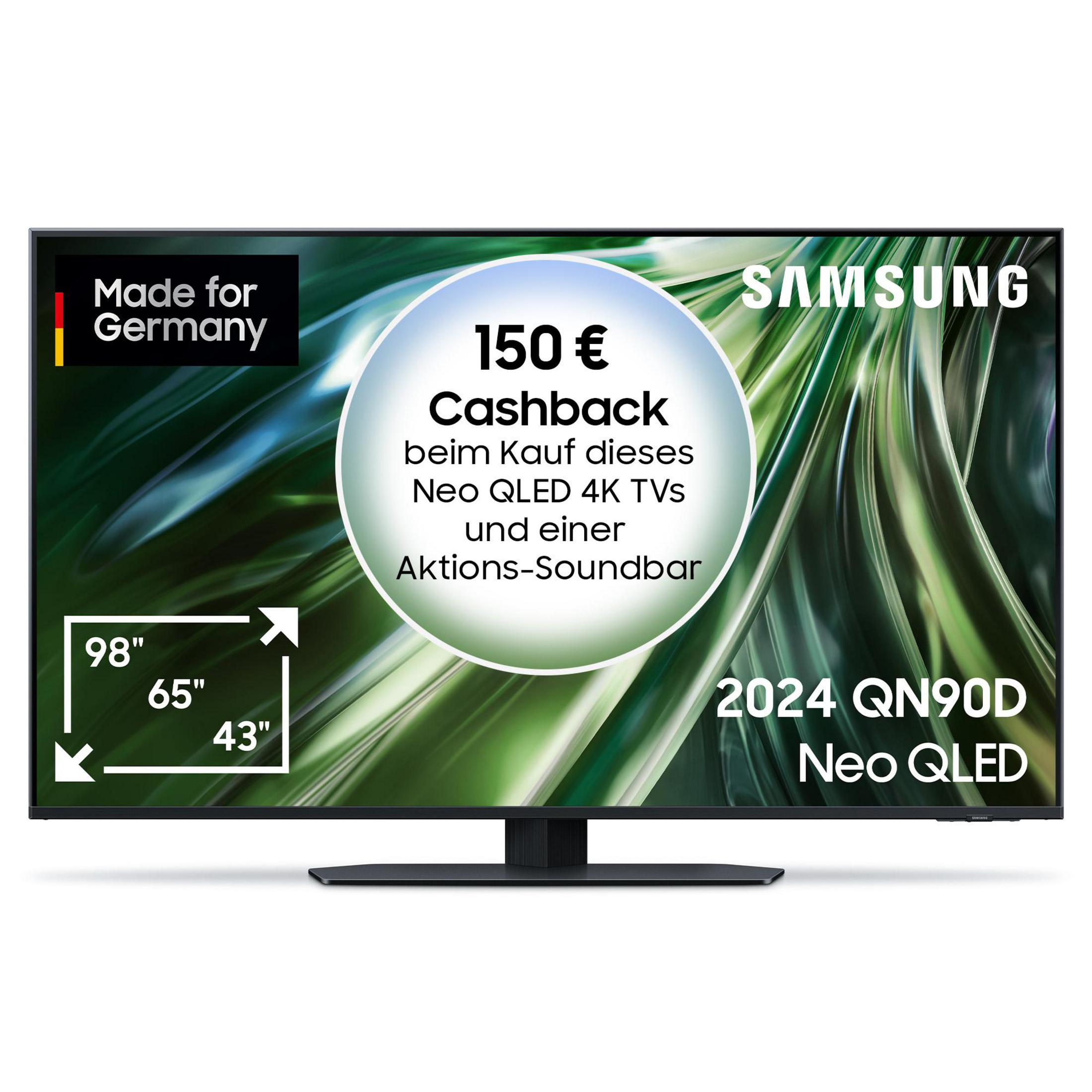 Großer schwarzer Fernseher mit Cashback-Infos, Größen und schwarzem Ständer.