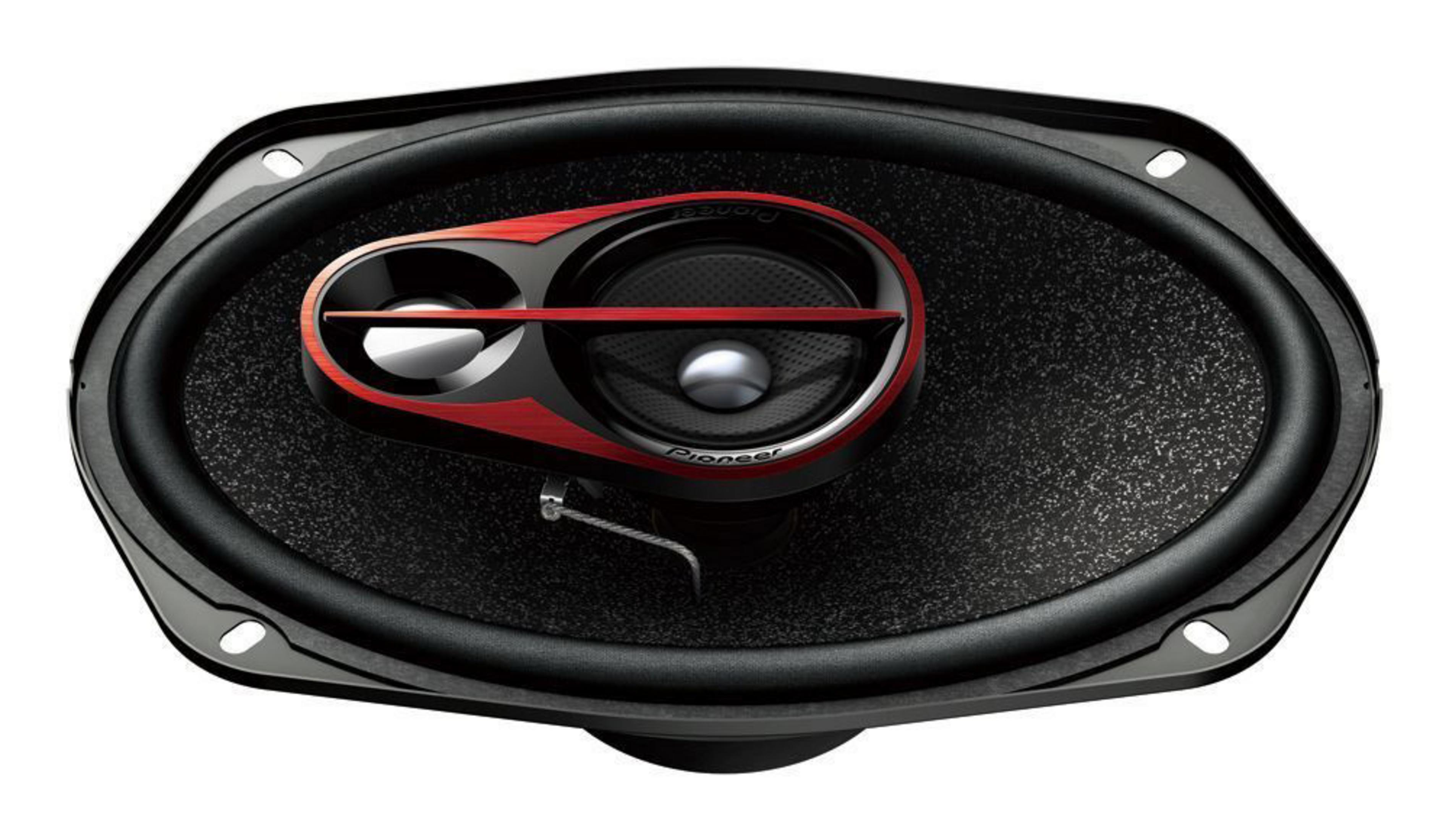 Pioneer-Autolautsprecher, schwarz mit roten Akzenten, ovale Form.