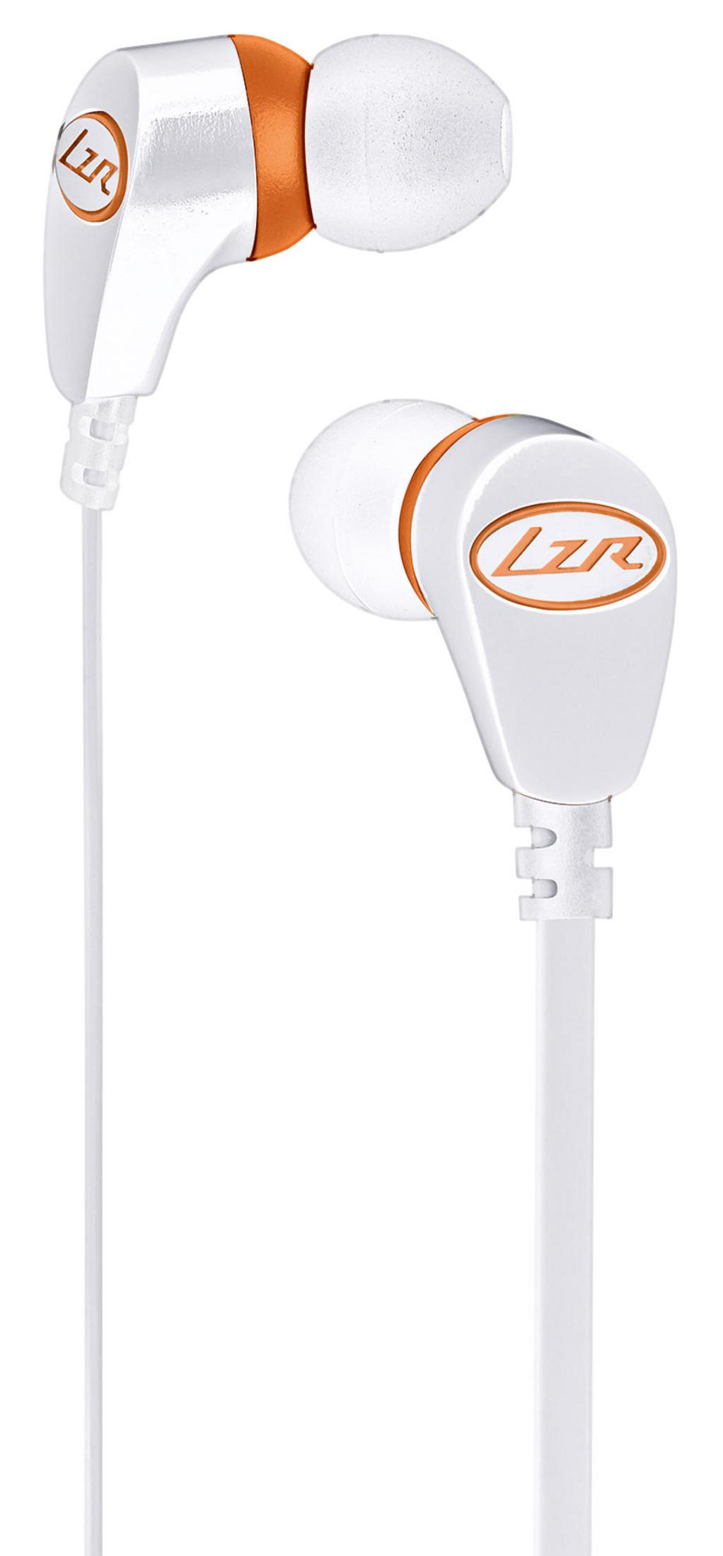 Witte oortelefoons met oranje accenten. Het logo LZR is zichtbaar. Een witte kabel verbindt de oortelefoons.