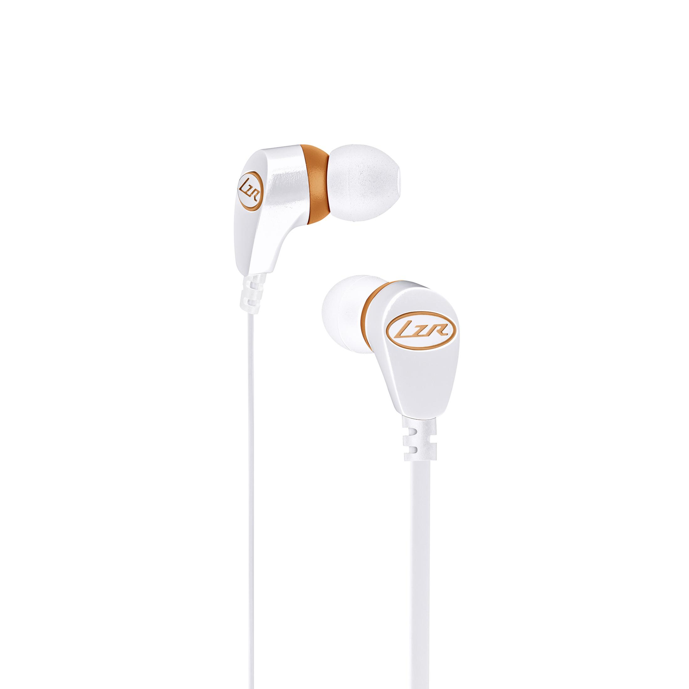 Witte oortelefoons met oranje accenten. Het logo LZR is zichtbaar. Een witte kabel verbindt de oortelefoons.