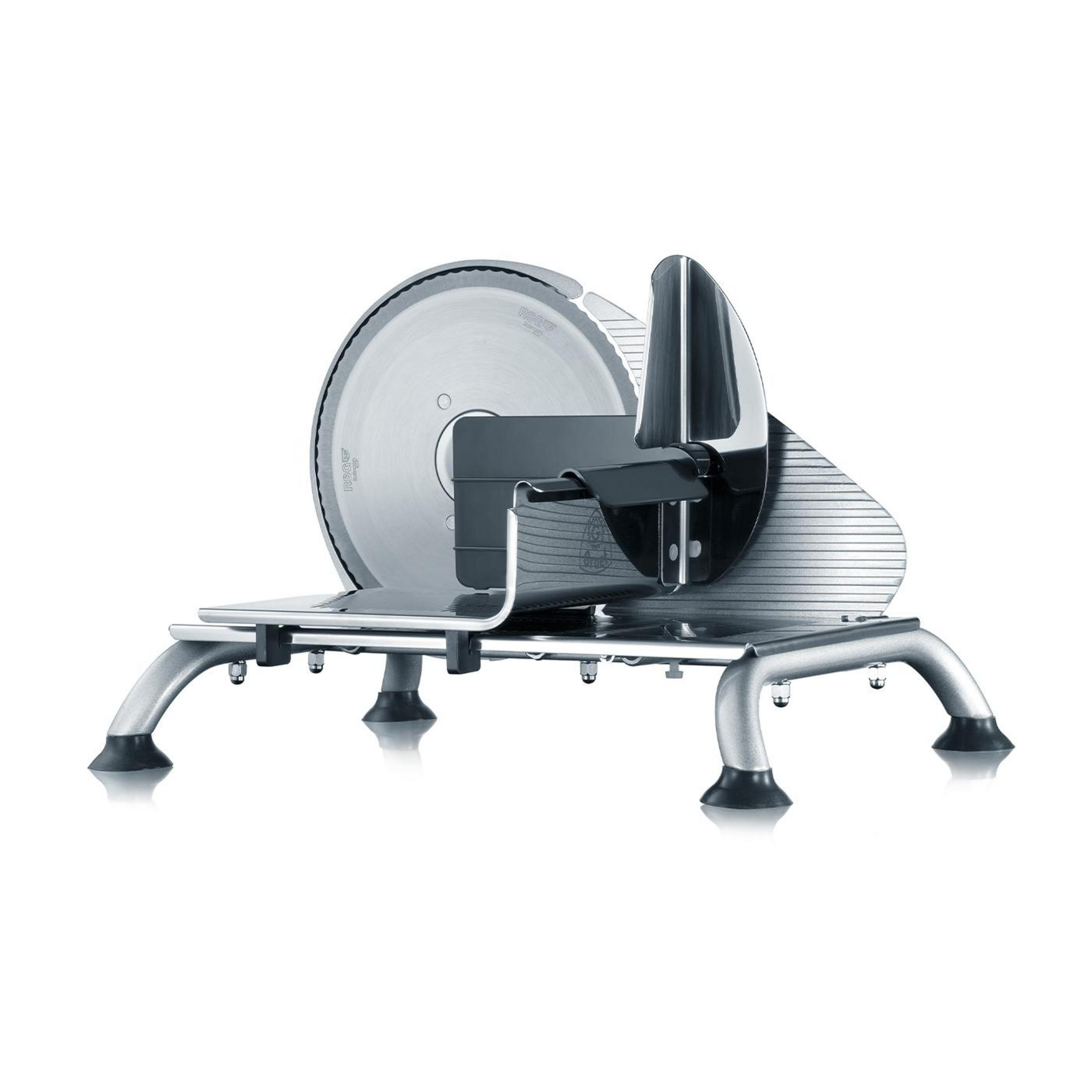 Krajalnica do mięsa na białej powierzchni. Krajalnica jest srebrna z czarnym uchwytem.