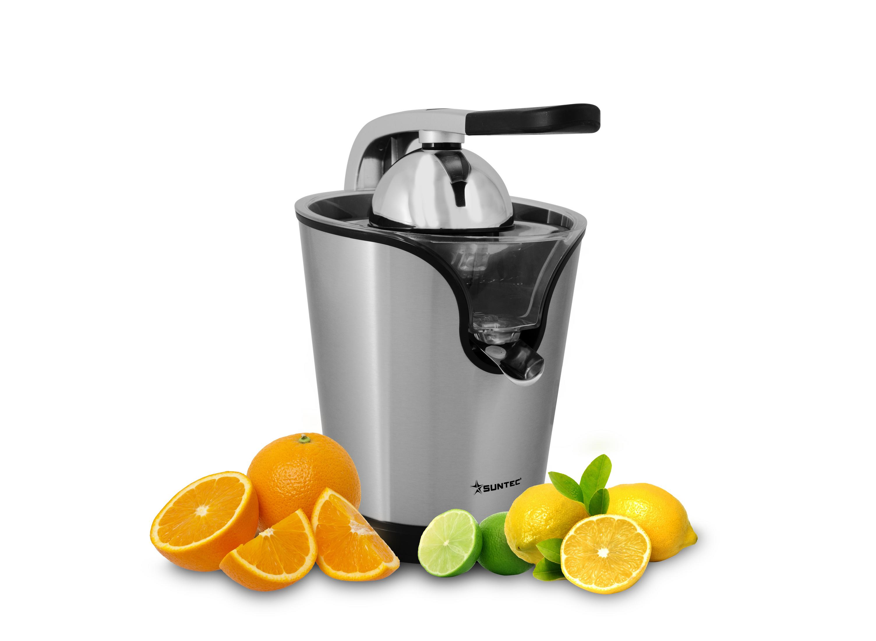 Saftpresse mit Orangen, Zitronen und Limetten.