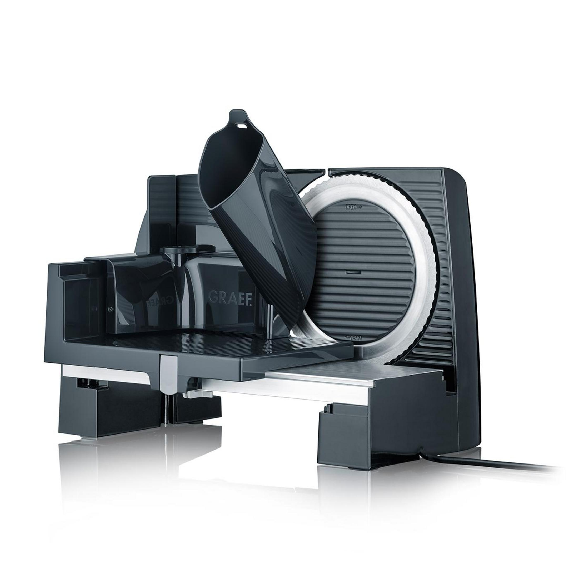 Czarno-szara krajalnica do żywności z ostrzem na białym tle.