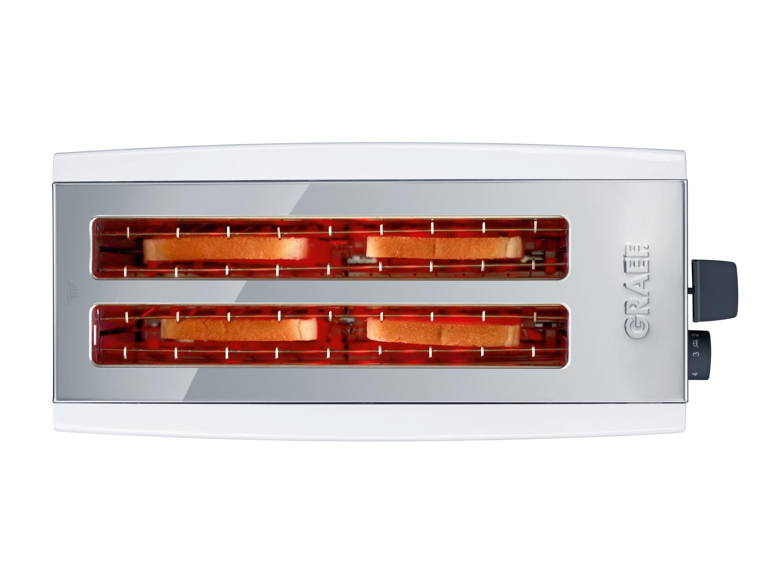 Ein weißer Toaster mit vier Toastbrotscheiben, die Heizelemente leuchten rot.